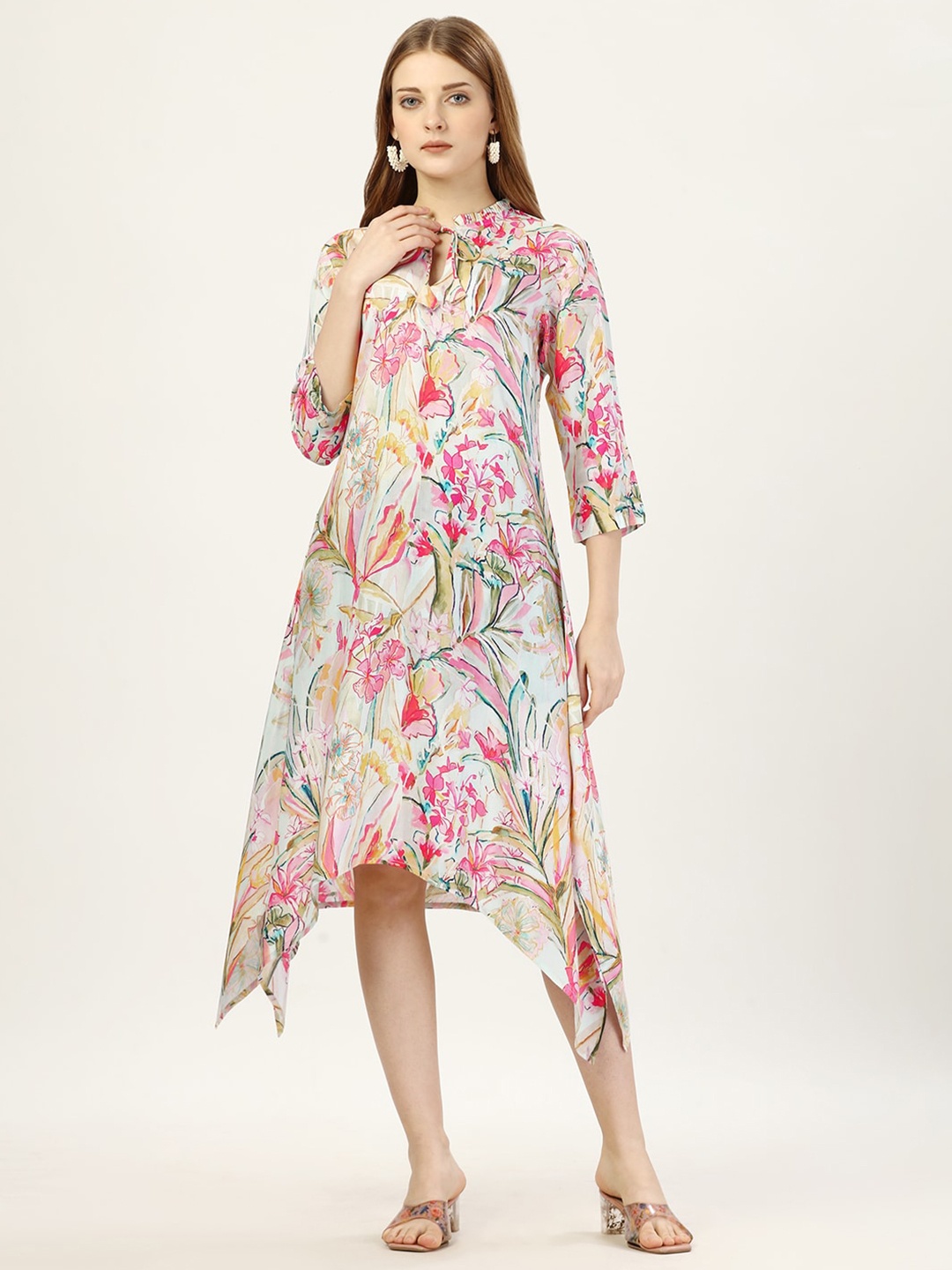 

OCTICS Floral Printed Mandarin Collar A-Line Midi Dress, Beige