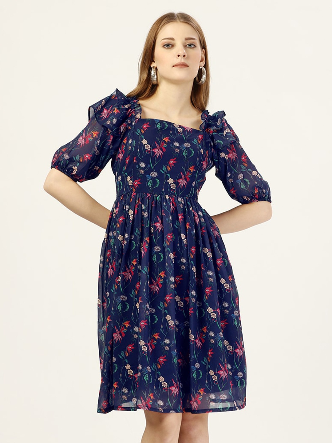 

OCTICS Floral Printed Puff Sleeve Square Neck Georgette Fit & Flare Dress, Navy blue