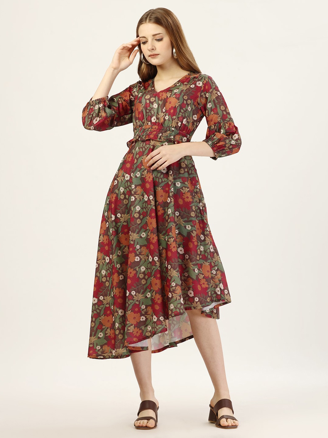 

OCTICS Floral Printed V-Neck Puff Sleeves Smocked Fit & Flare Midi Dress, Green