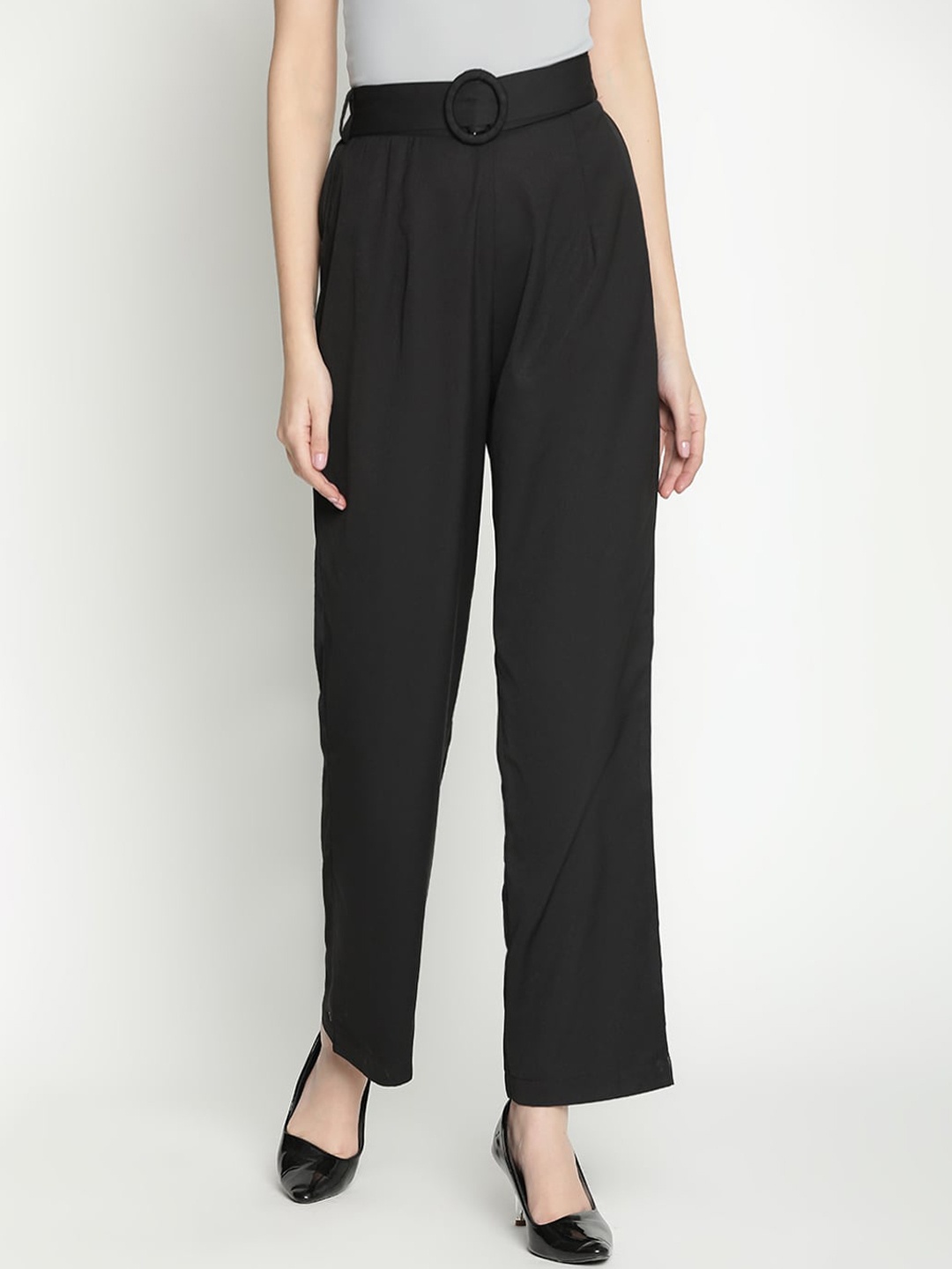 

DRAAX Fashions Women Belted Mid-Rise Pleated Trousers, Black