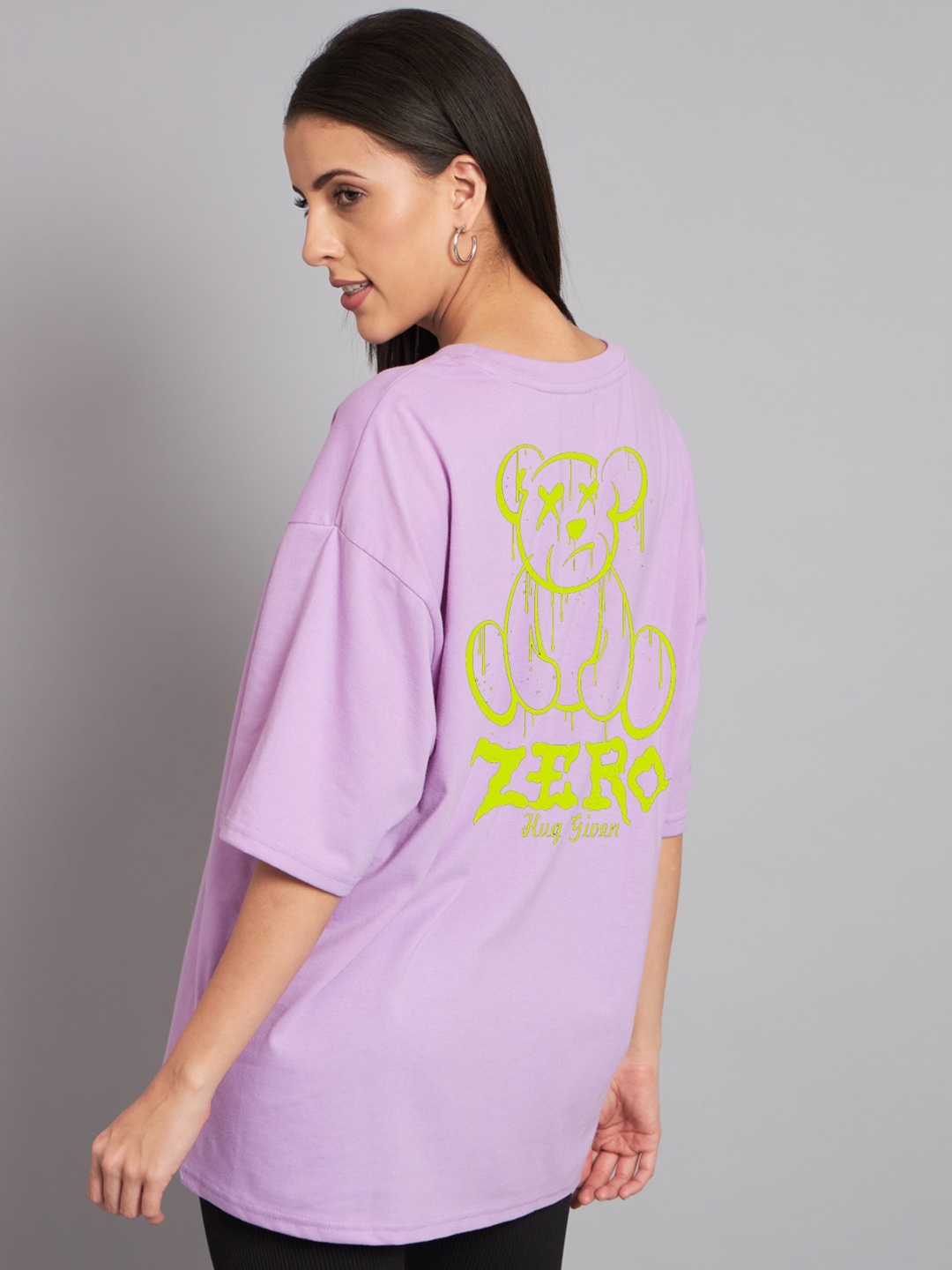 

Imsa Moda Graphic Printed Drop-Shoulder Sleeves Cotton Oversized T-shirt, Lavender
