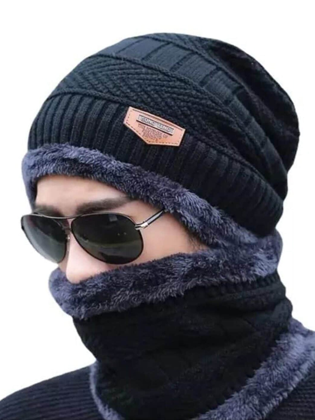 

TEEMOODS Men Self Design Woollen Beanie Cap with Neck Warmer, Navy blue