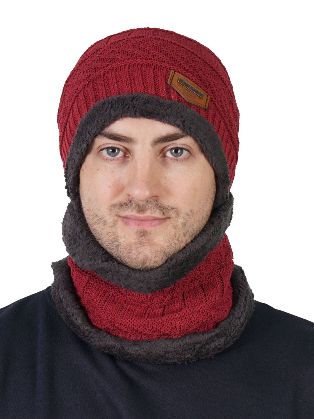 

TEEMOODS Men Self Design Woollen Beanie Cap With Neck Warmer, Maroon