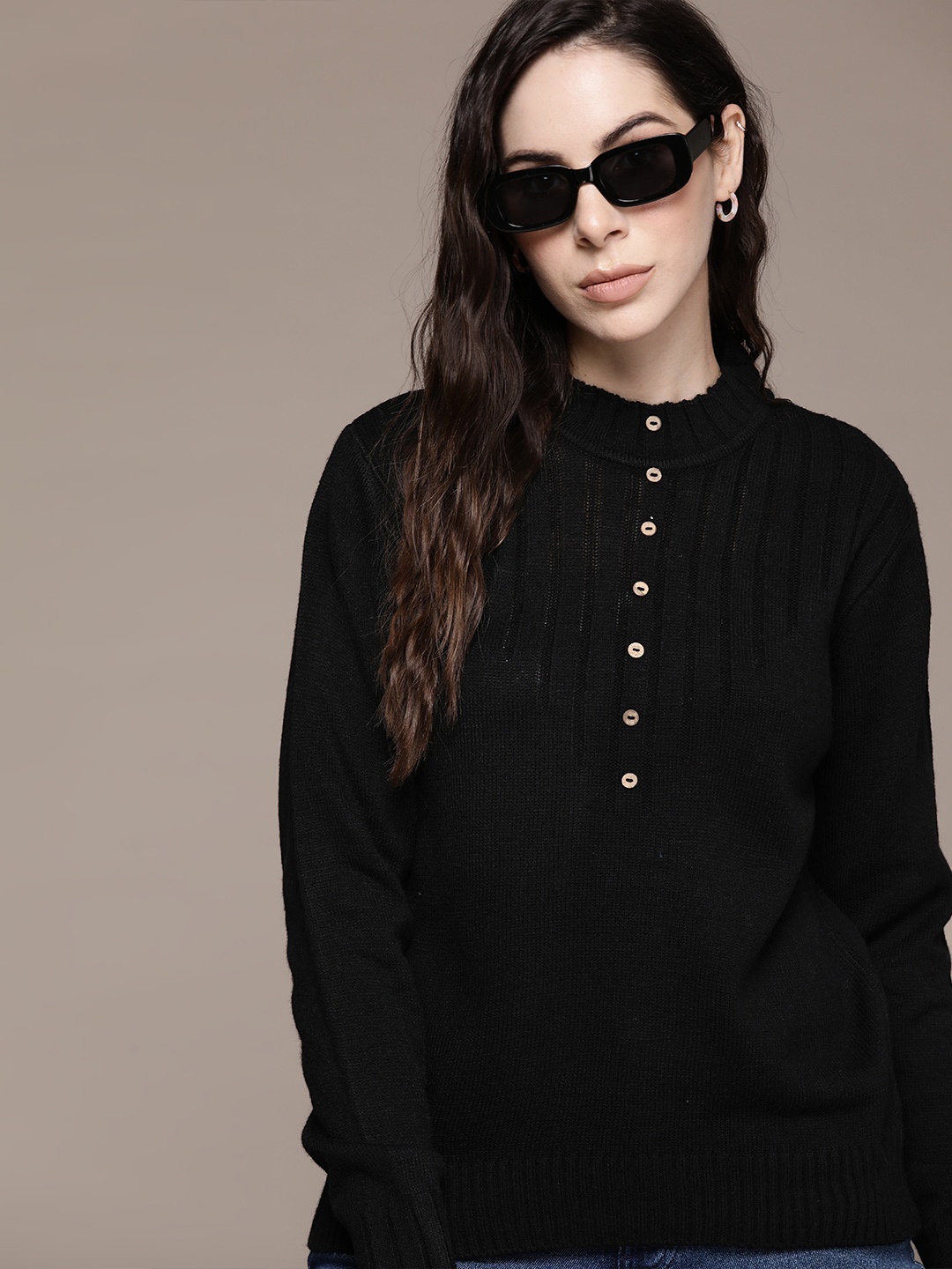 

Roadster Women Striped Acrylic Pullover, Black