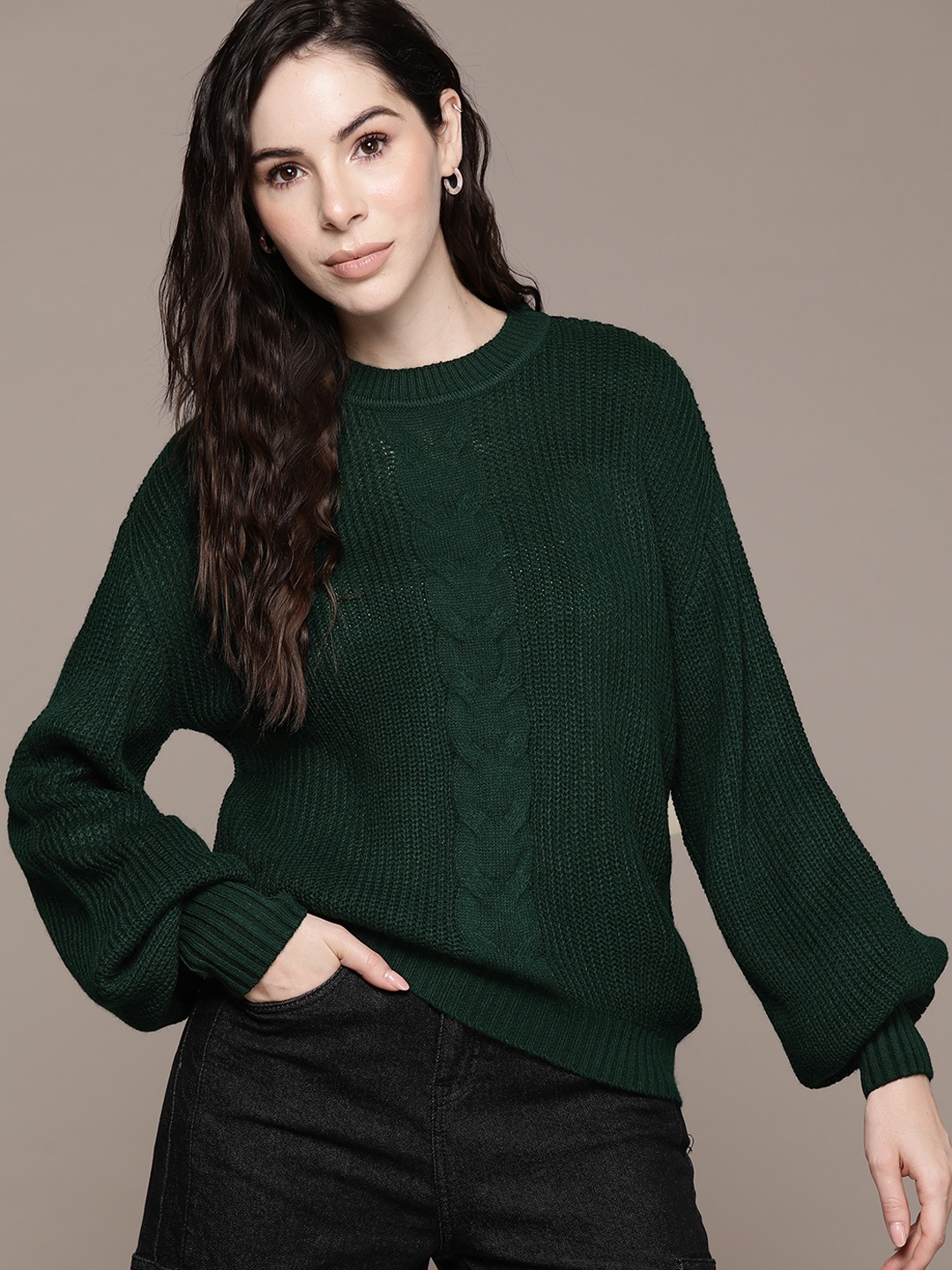 

Roadster Women Cable Knit Acrylic Pullover, Green