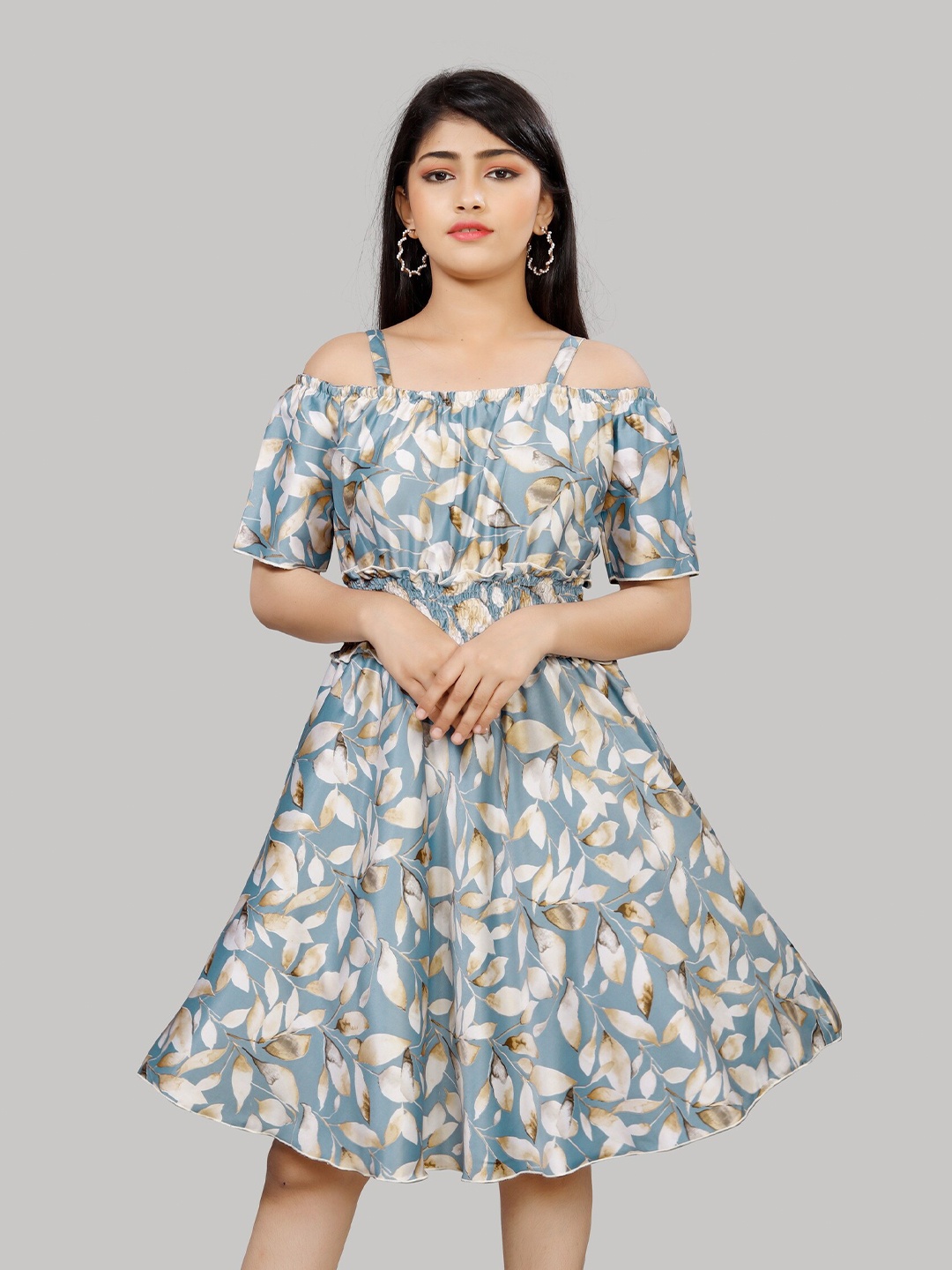 

R K MANIYAR Floral Printed Shoulder Strap Cold-Shoulder Casual Fit & Flare Dress, Blue