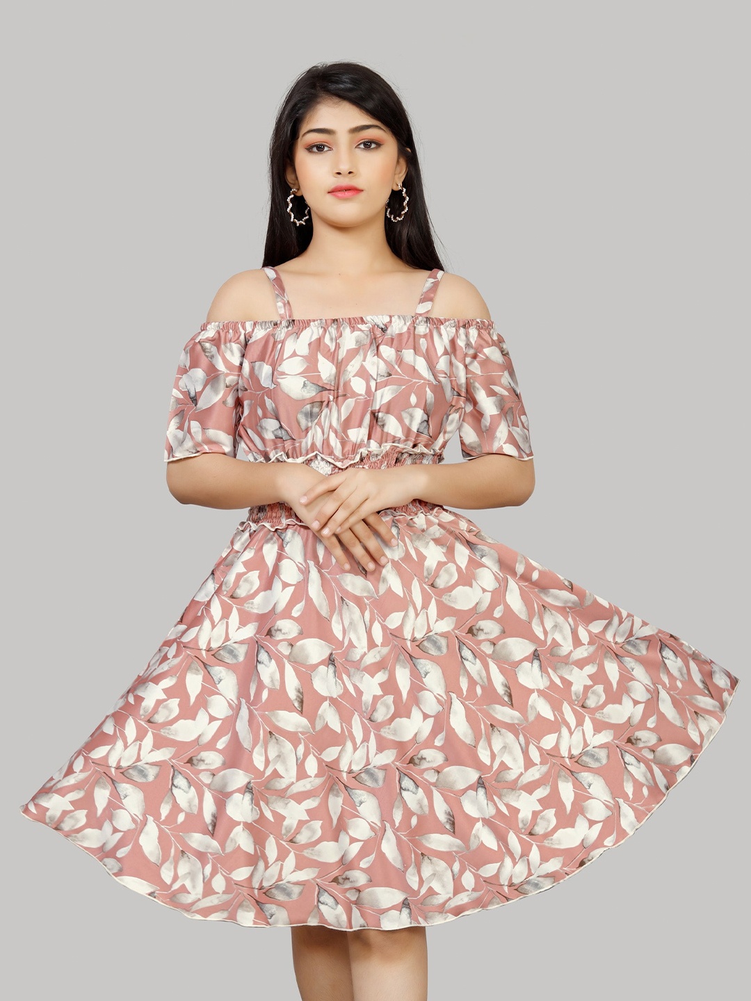 

R K MANIYAR Girls Floral Printed Shoulder Straps Fit & Flare Dress, Peach