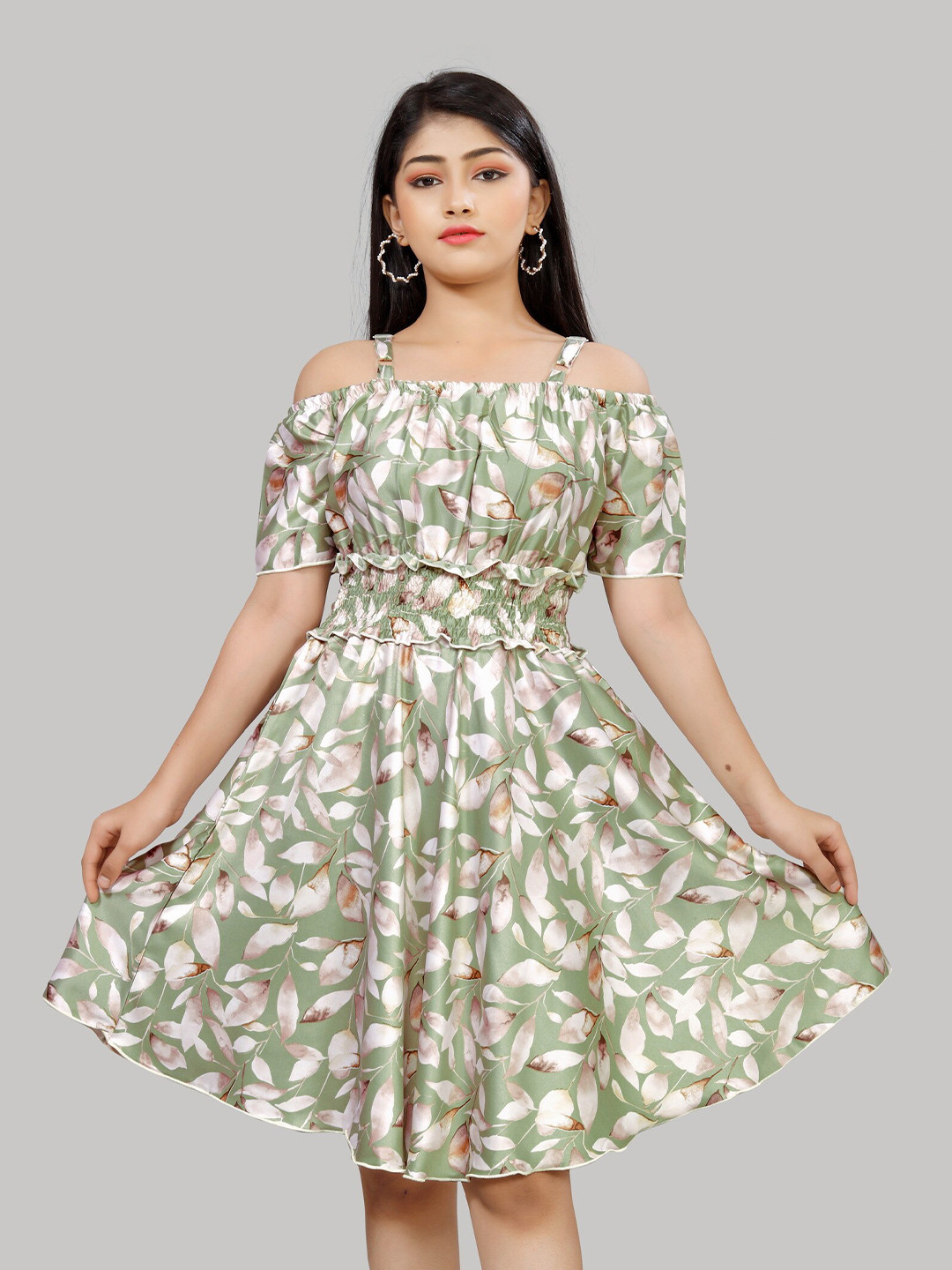 

R K MANIYAR Floral Printed Shoulder Straps Cold-Shoulder Sleeves Fit & Flare Dress, Green