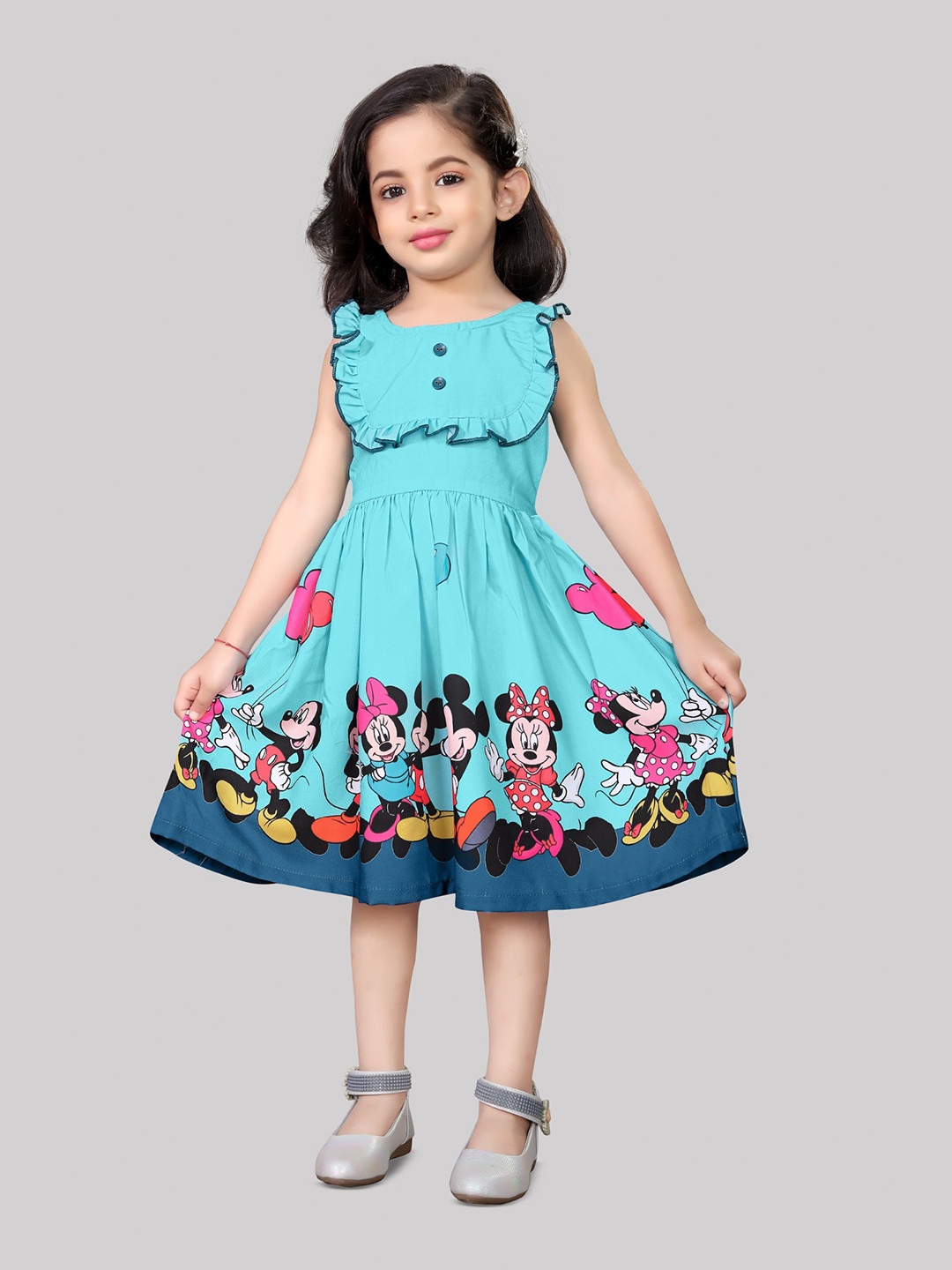 

R K MANIYAR Mickey Mouse Printed Sleeveless Casual Fit & Flare Midi Dress, Blue
