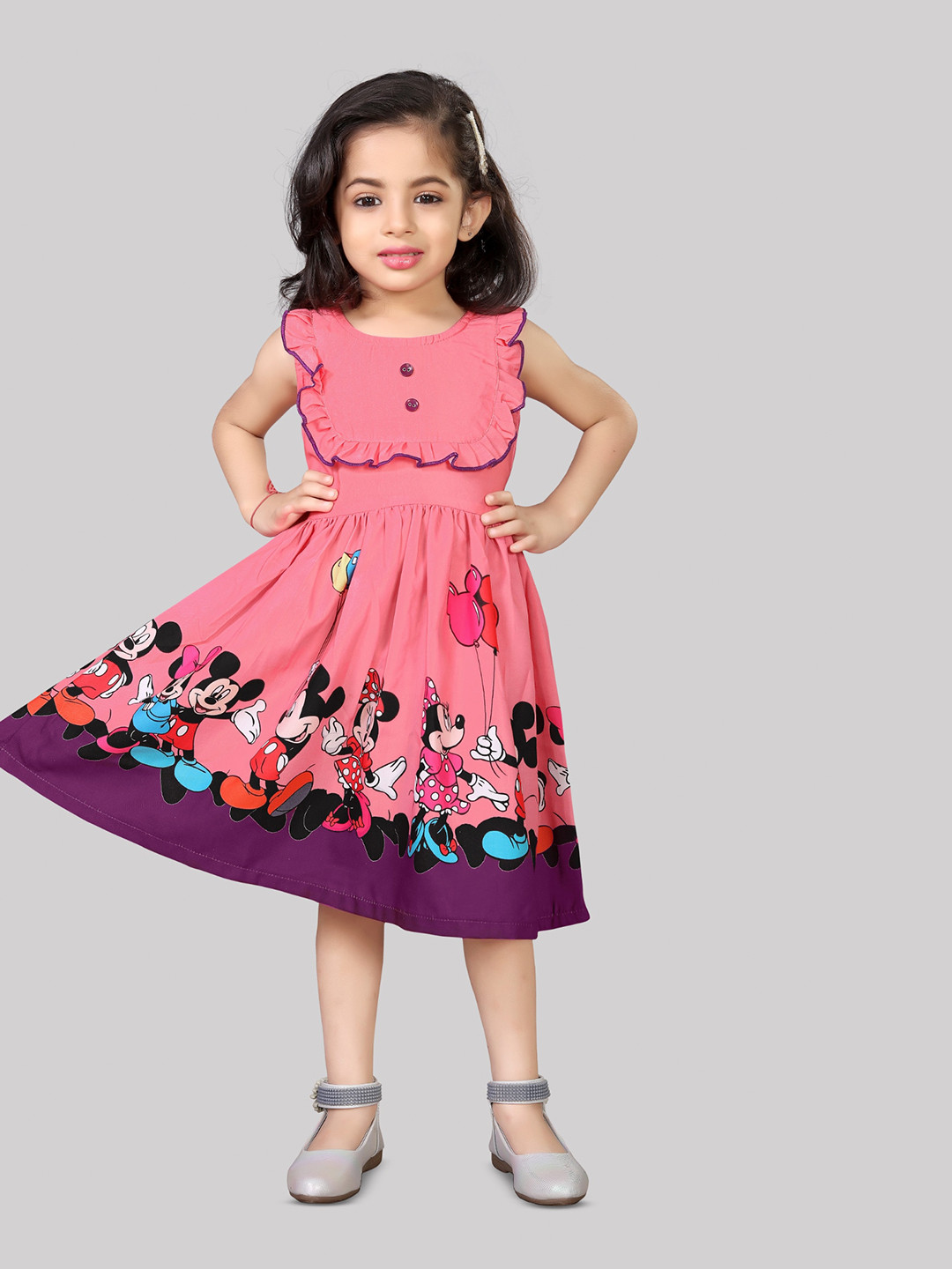 

R K MANIYAR Mickey Mouse Printed Sleeveless Casual Fit & Flare Midi Dress, Pink