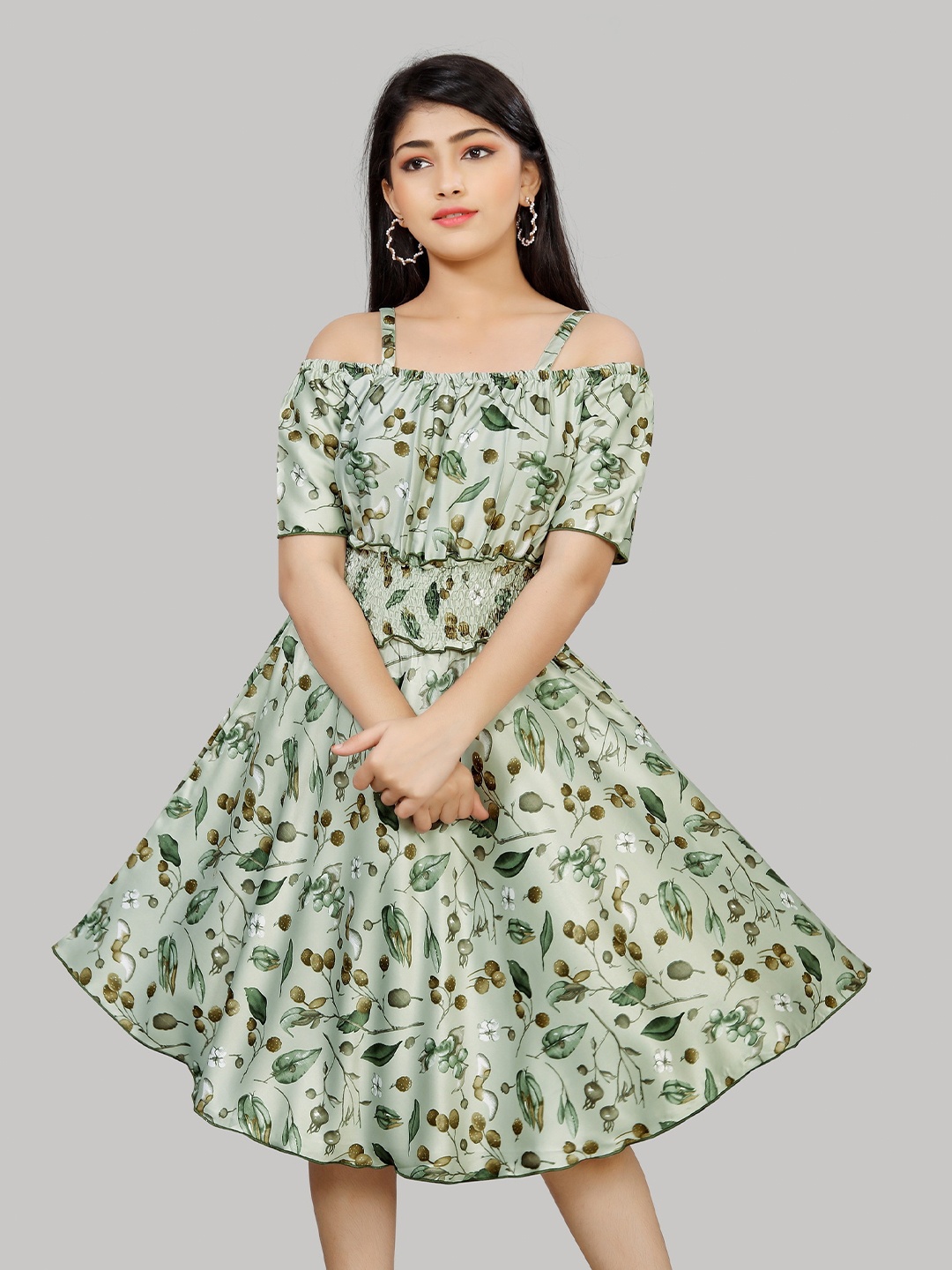 

R K MANIYAR Floral Printed Shoulder Strap Cold-Shoulder Casual Fit & Flare Dress, Green