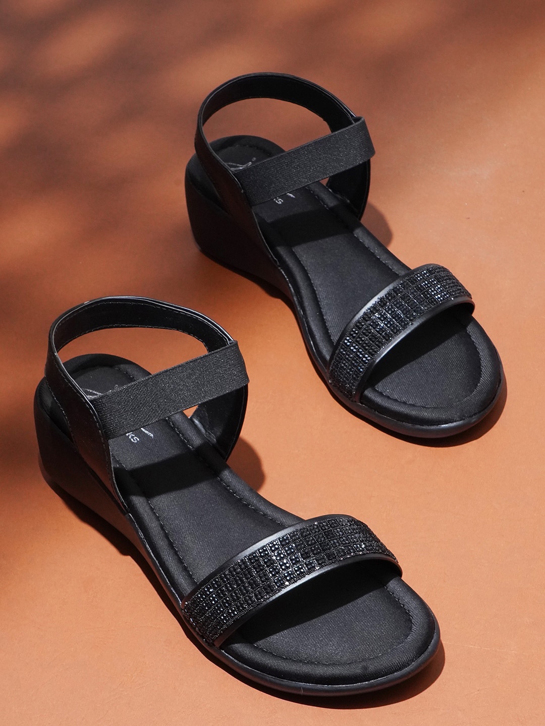 

JM Looks Embellished Open Toe Wedges With Backstrap, Black