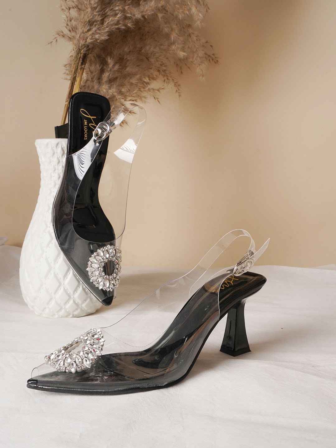 

JM Looks Embellished Peep Toe Kitten Heels, Transparent