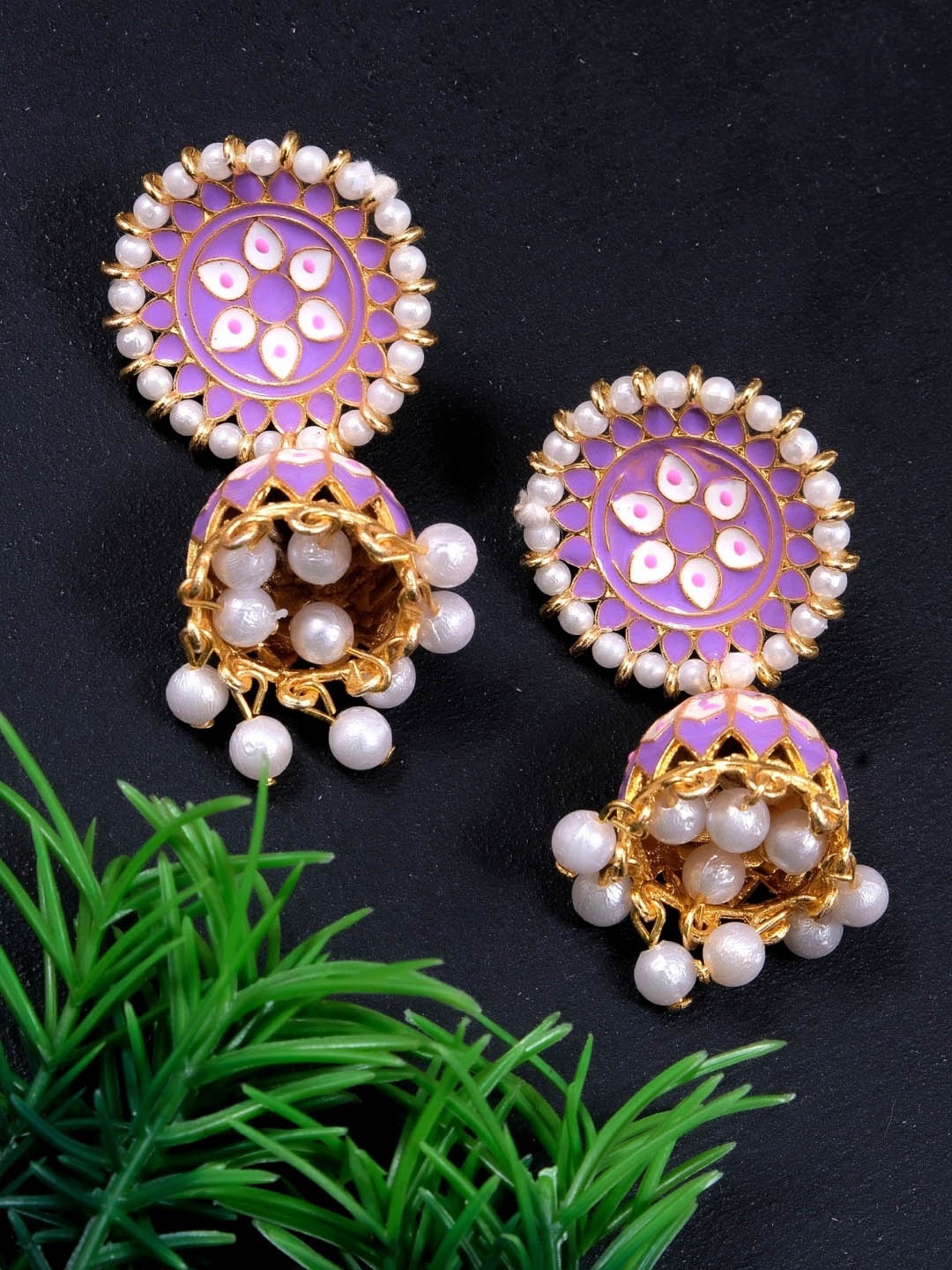 

Crunchy Fashion Floral Dome Shaped Copper-Plated Jhumkas Earrings, Purple