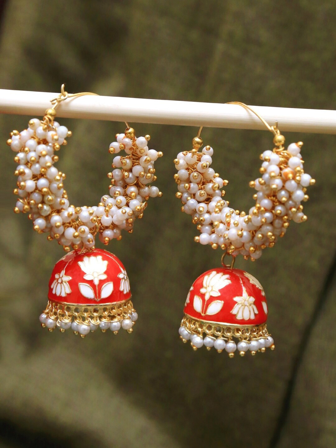 

Crunchy Fashion Gold-Plated Dome Shaped Jhumkas Earrings, Red