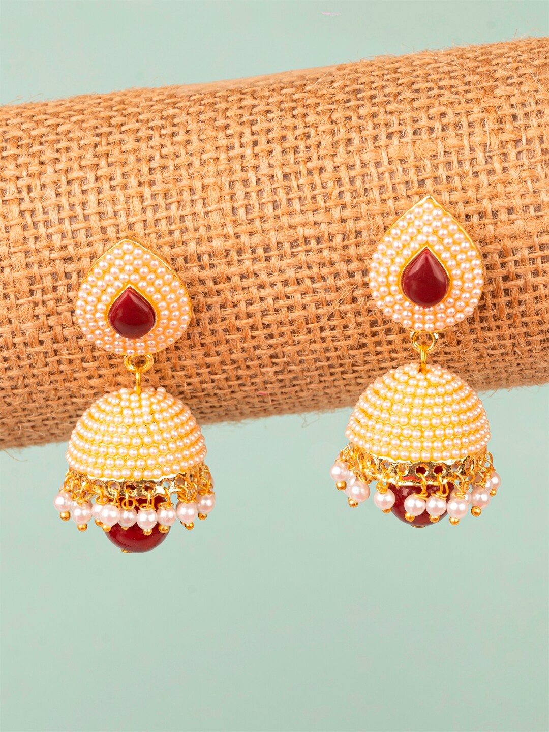 

Crunchy Fashion Gold-Plated Dome Shaped Jhumkas Earrings, Red