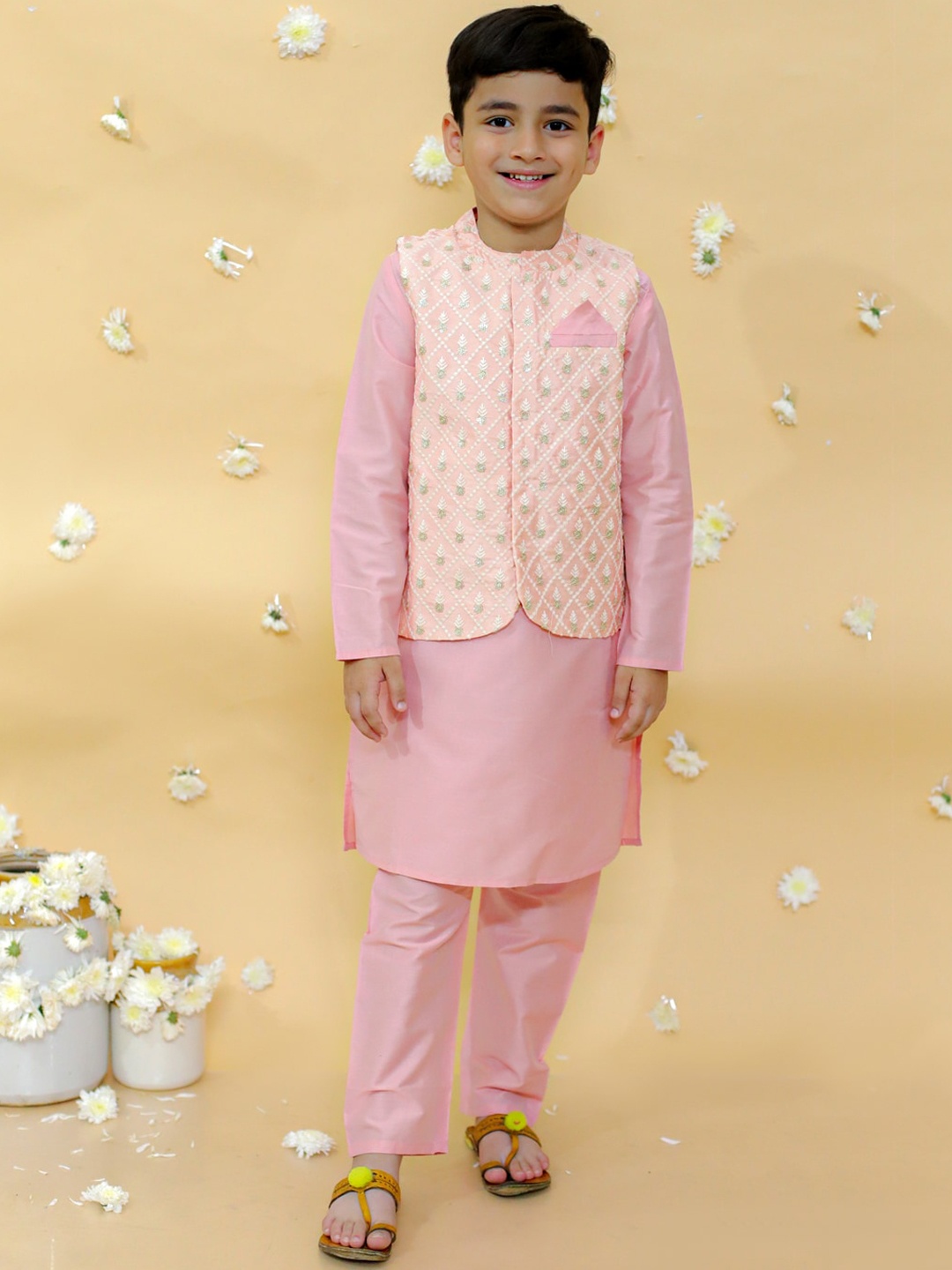 

Lil Peacock Boys Mandarin Collar Kurta with Pyjamas & Nehru jacket, Pink