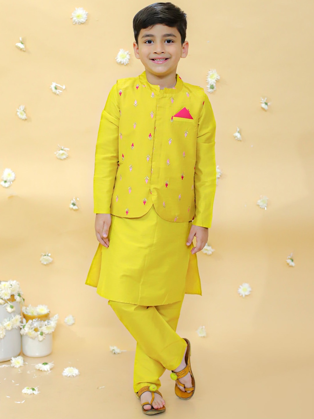 

Lil Peacock Boys Mandarin Collar Kurta with Pyjamas & Nehru jacket, Yellow