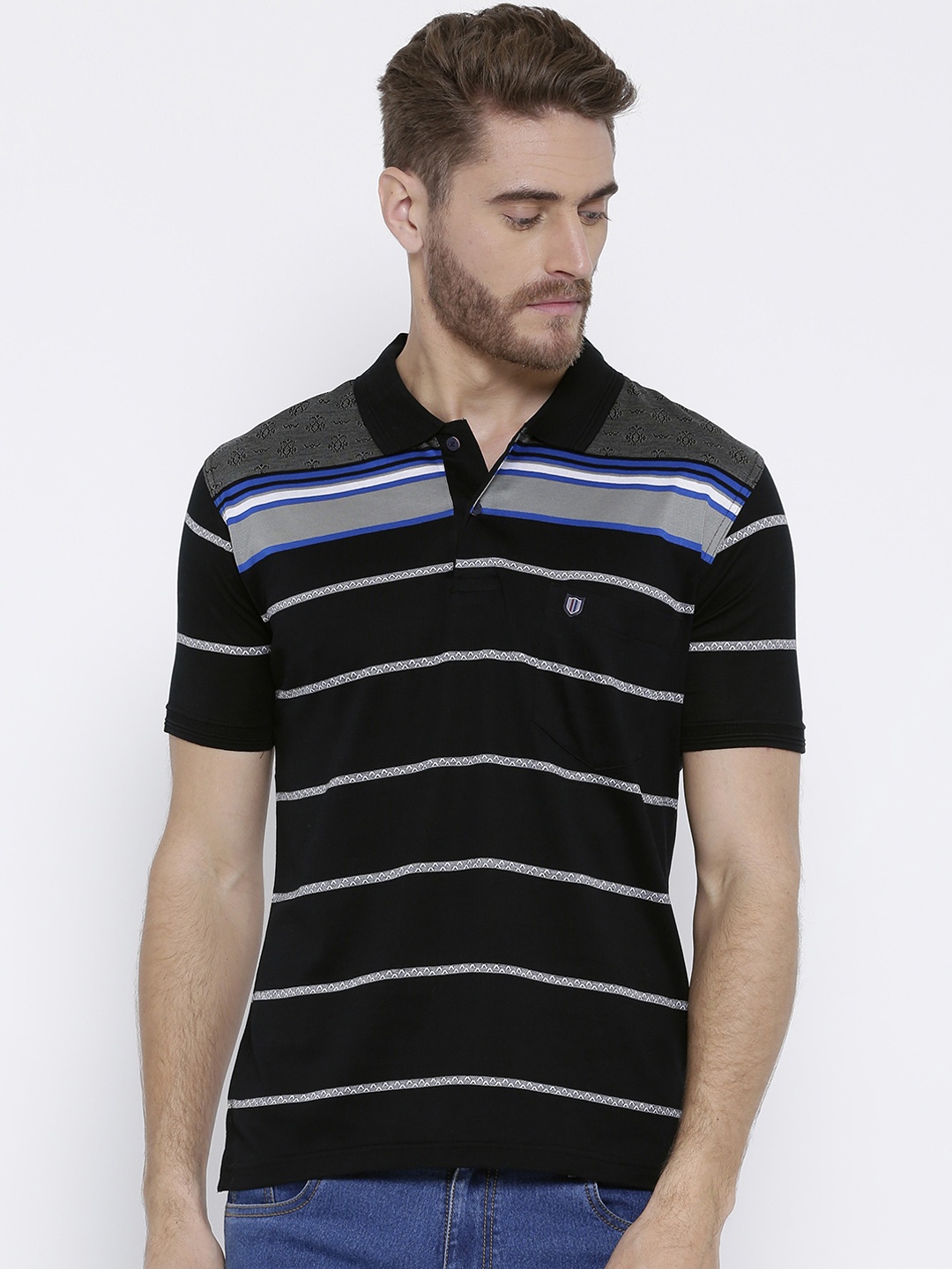 

Duke Men Black & Grey Striped Polo Collar T-shirt