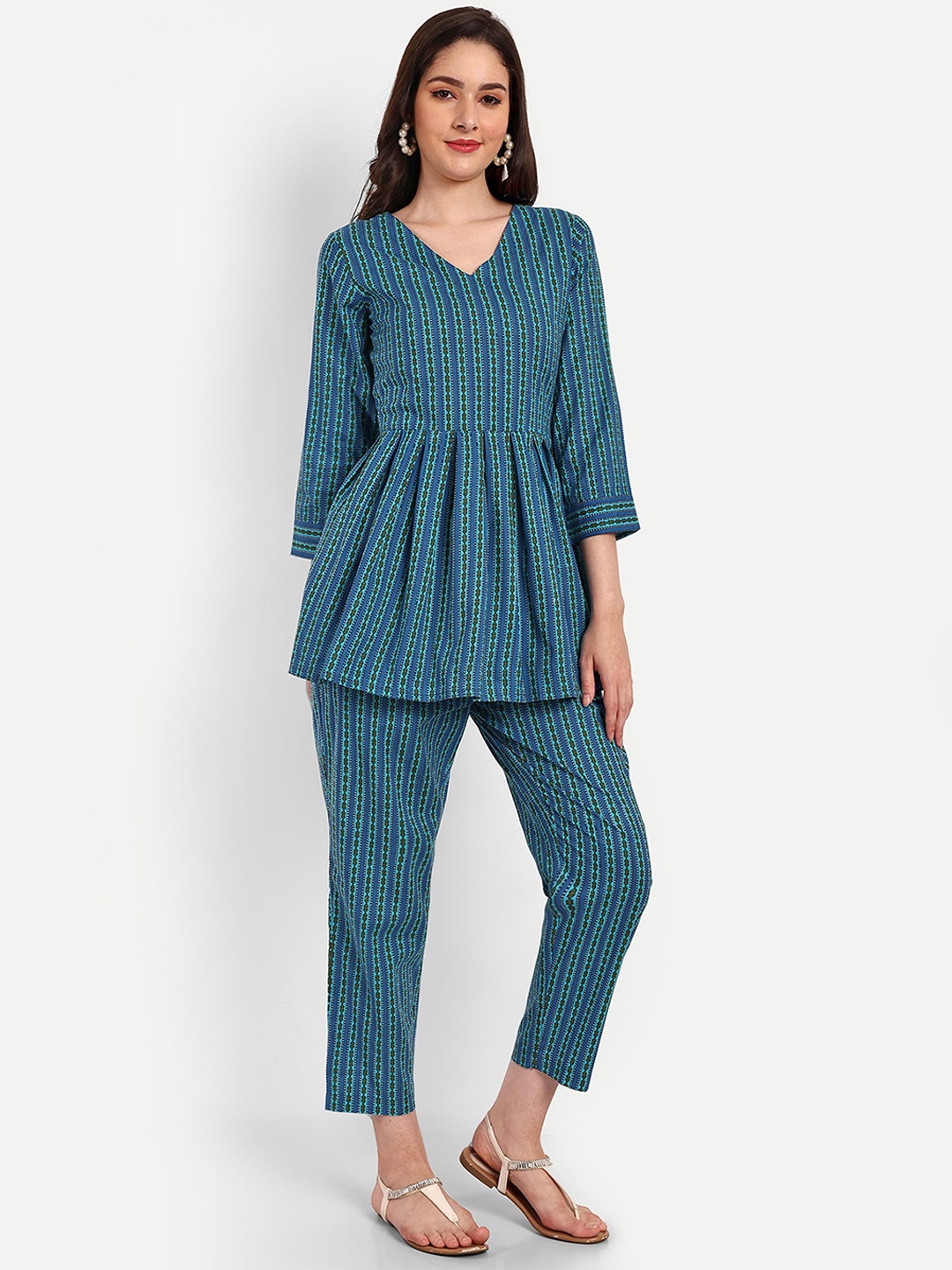 

Krati Creations Printed Pure Cotton Tunic With Trouser, Blue
