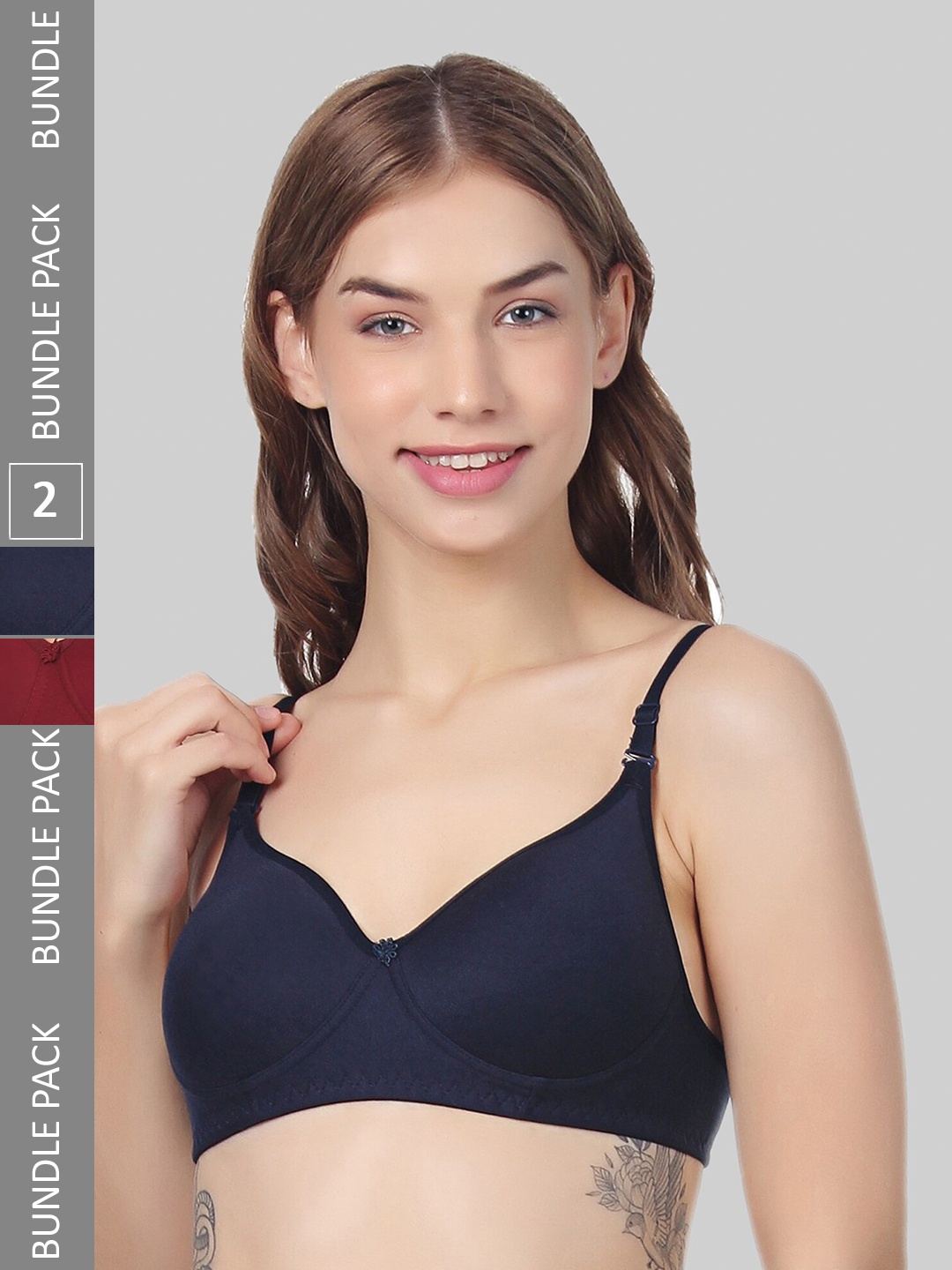 

FUNAHME Pack Of 2 All Day Comfort Non-Wired Lightly Padded Seamless Cotton T-Shirt Bra, Navy blue