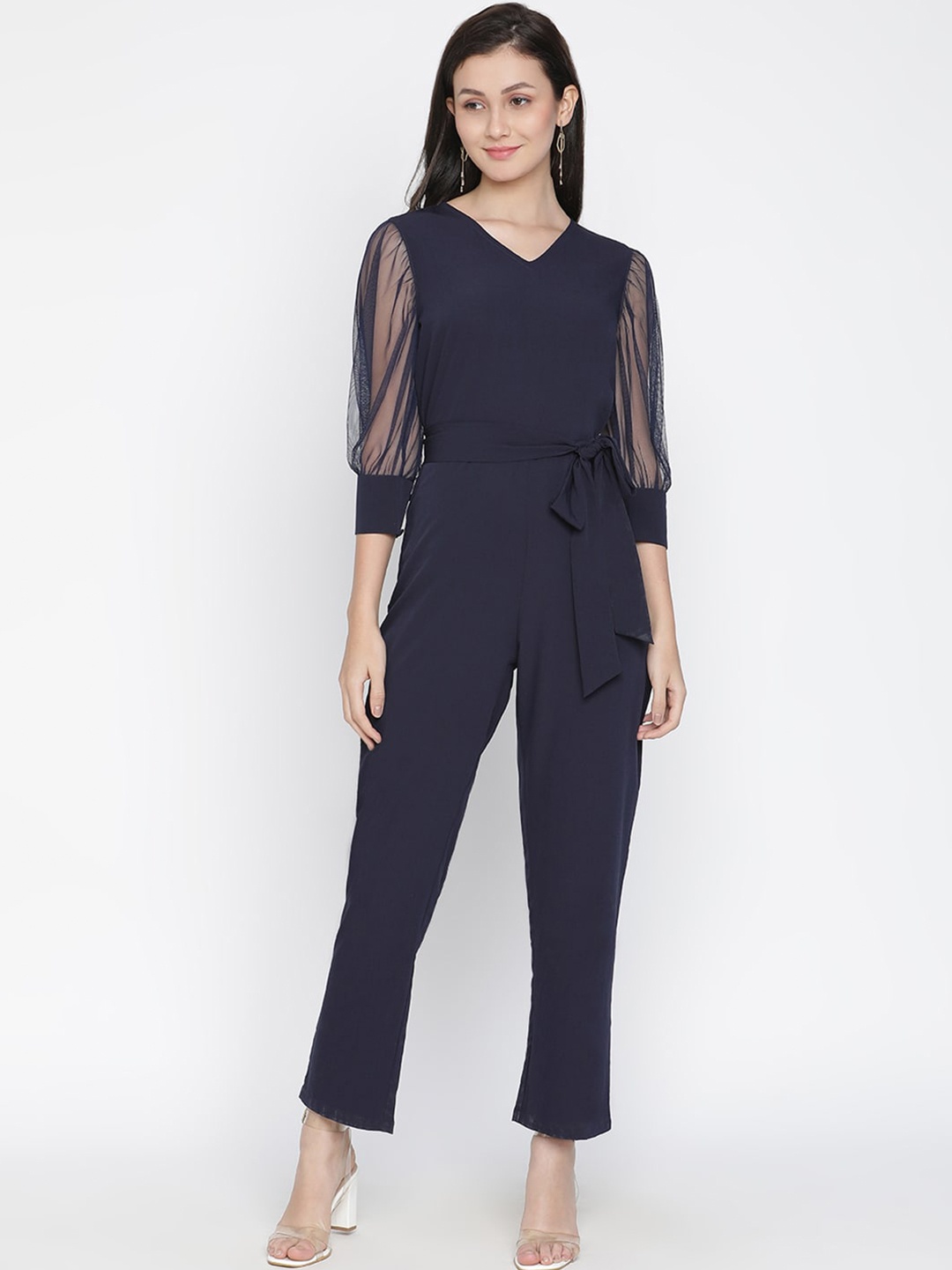 

DRAAX Fashions V Neck Waist Tie Ups Basic Jumpsuit, Blue