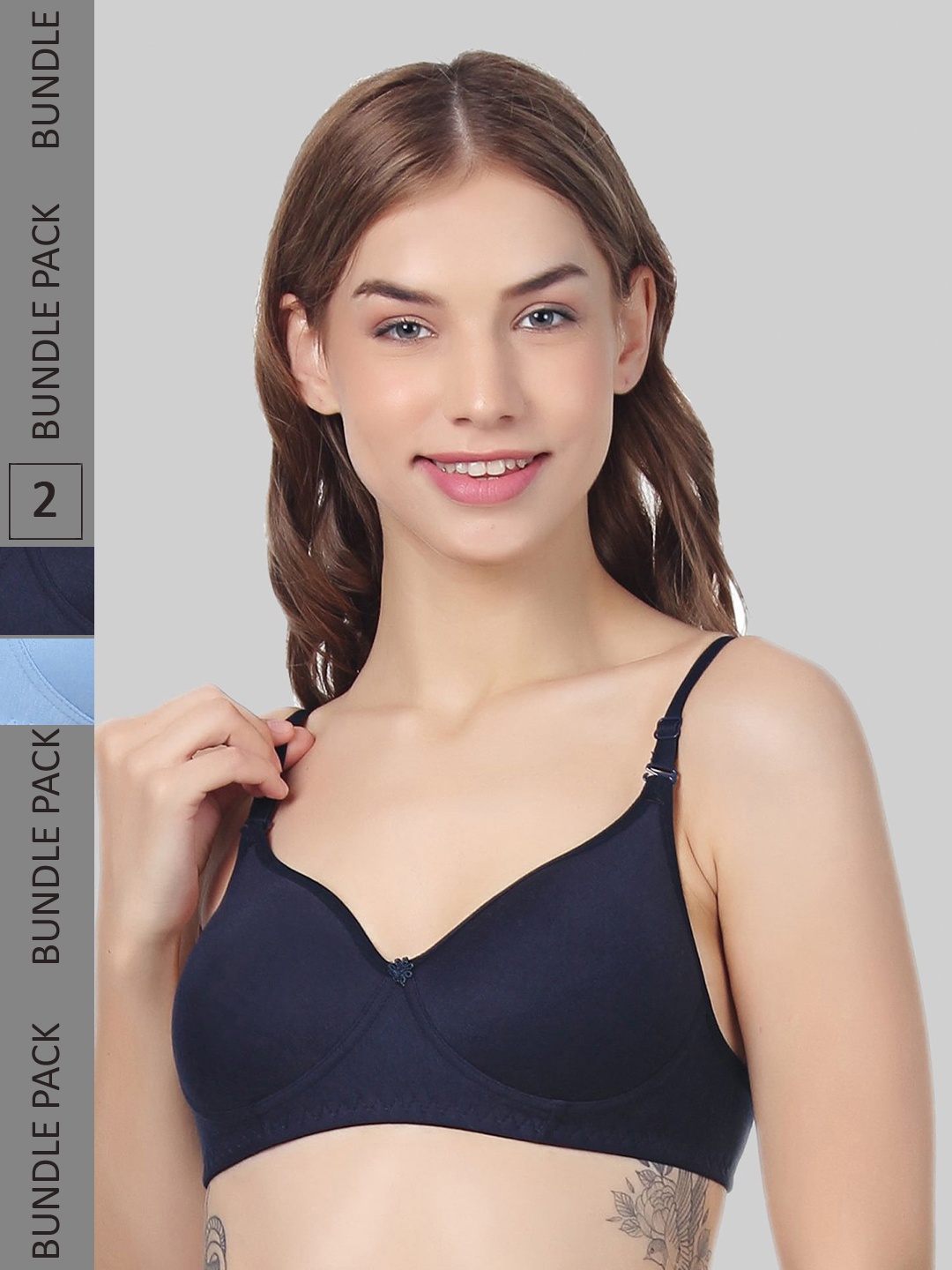 

FUNAHME Pack Of 2 Full Coverage Lightly Padded Seamless Cotton T-shirt Bra All Day Comfort, Navy blue