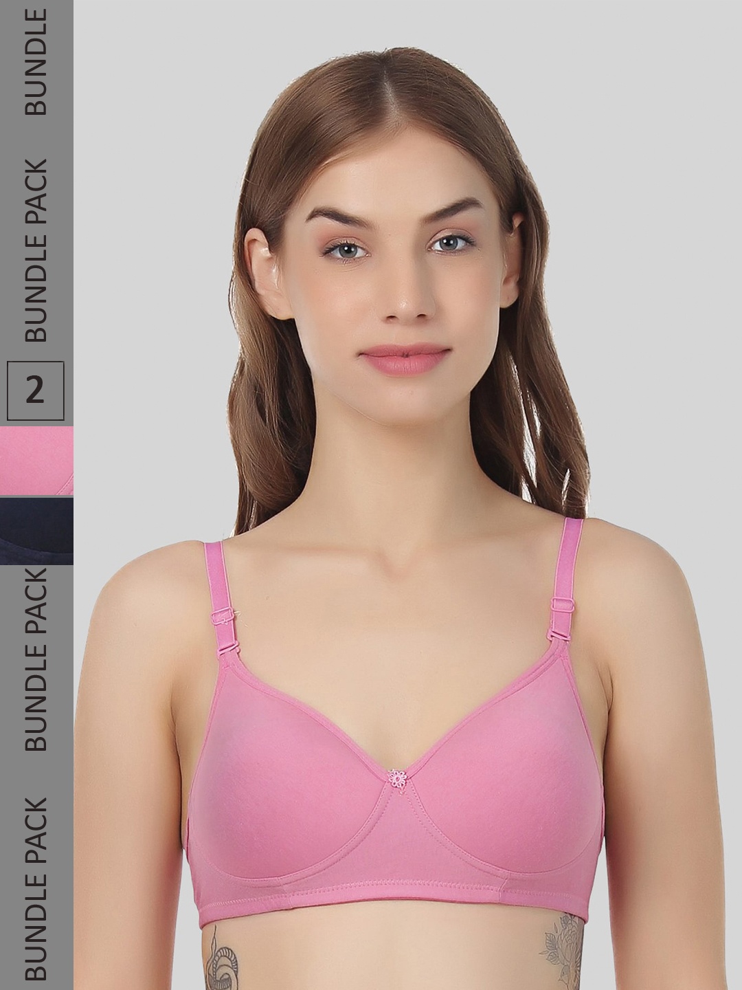 

FUNAHME Pack Of 2 Full Coverage Lightly Padded Seamless Cotton T-shirt Bra All Day Comfort, Navy blue