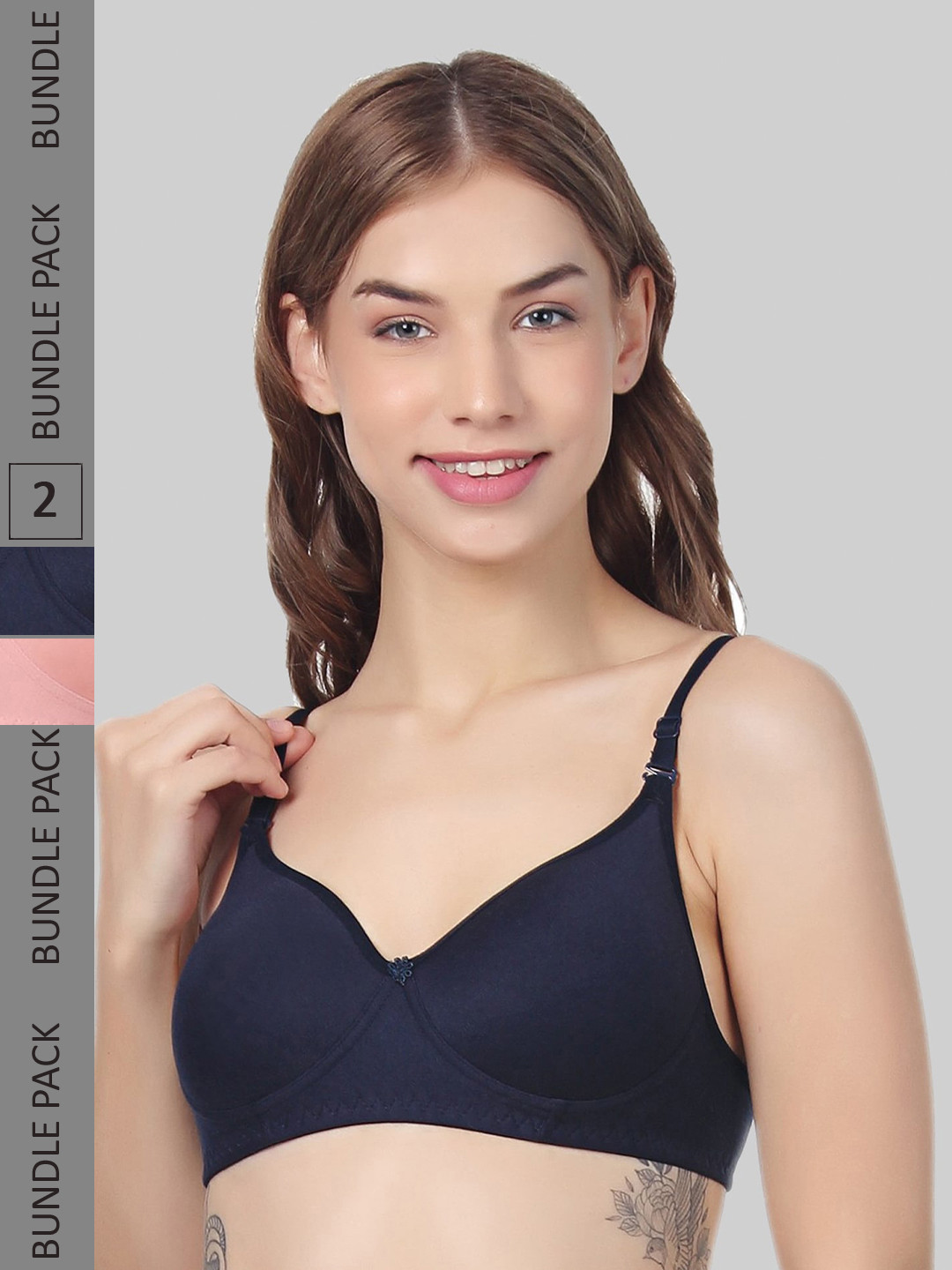 

FUNAHME Pack Of 2 Full Coverage Lightly Padded Seamless Cotton T-shirt Bra All Day Comfort, Navy blue