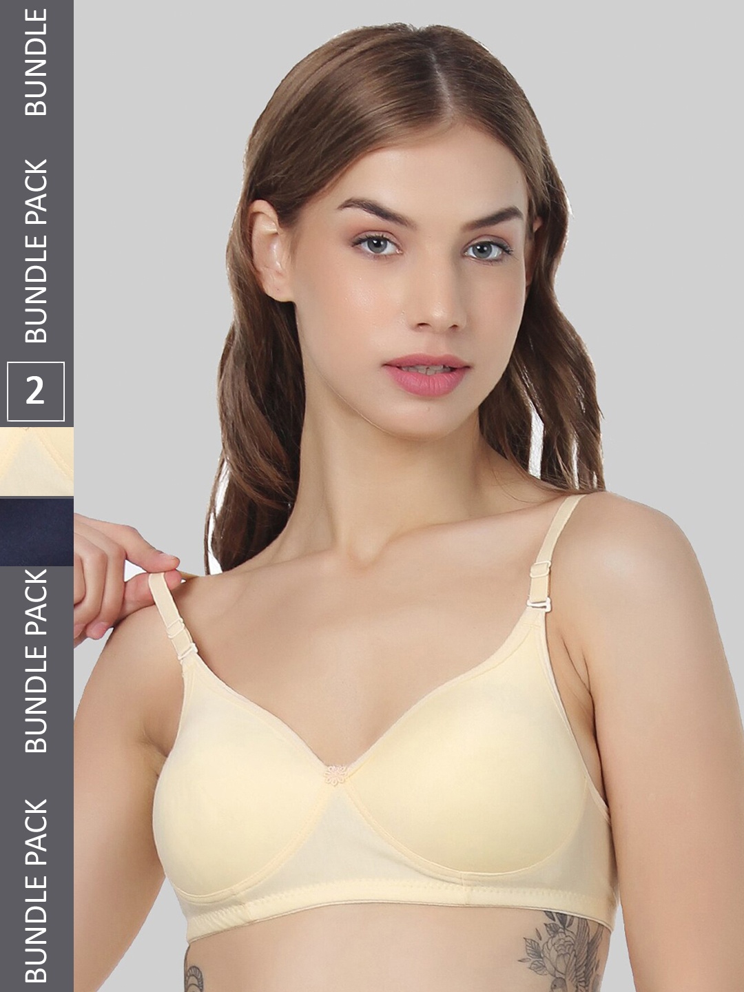 

FUNAHME Pack Of 2 All Day Comfort Non-Wired Lightly Padded Seamless Cotton T-Shirt Bra, Navy blue