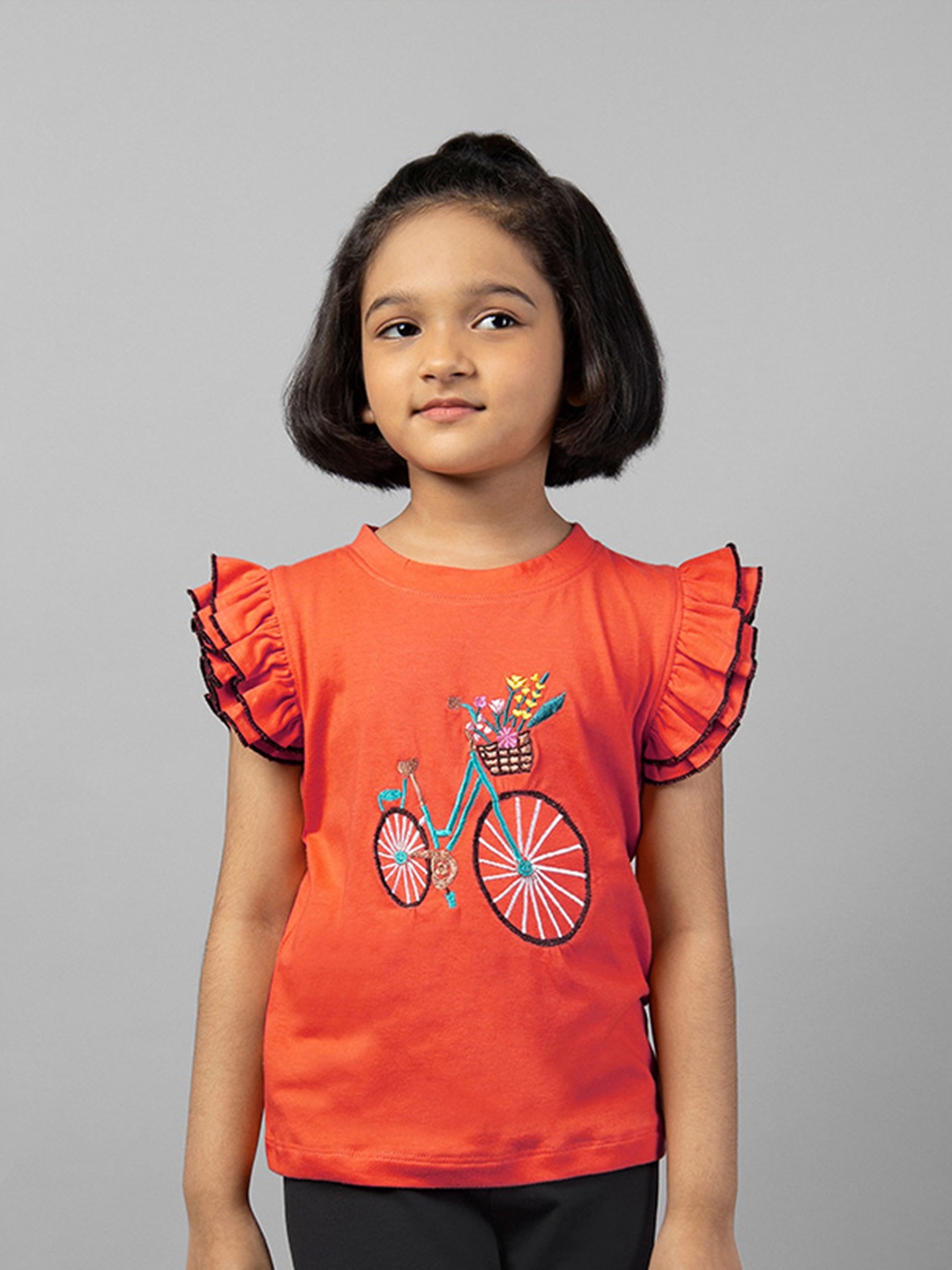 

ZIP ZAP ZOOP Girls Floral Embroidered Flutter Sleeves Pure Cotton Top, Orange