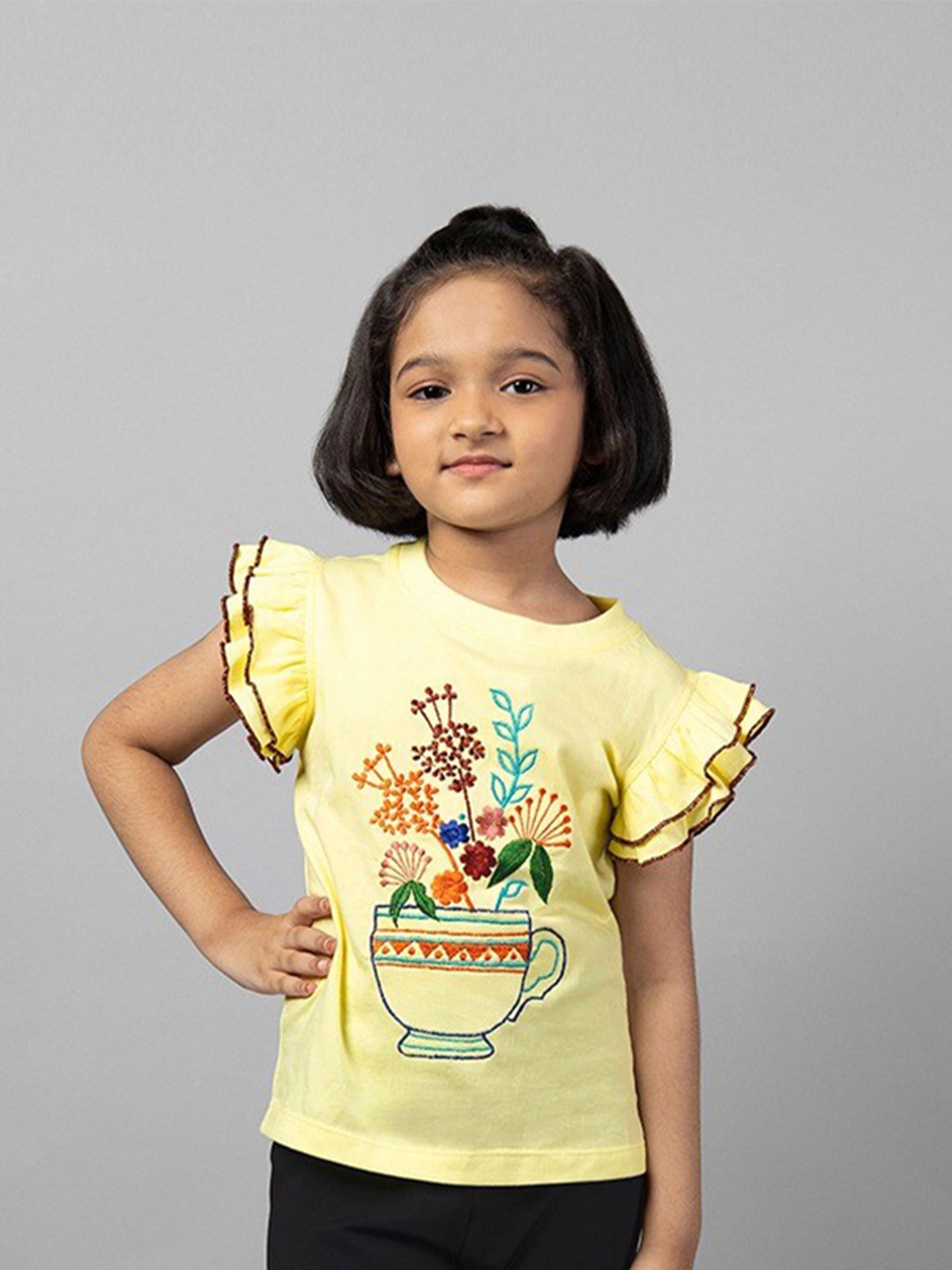 

ZIP ZAP ZOOP Girls Floral Embroidered Flutter Sleeves Pure Cotton Top, Yellow