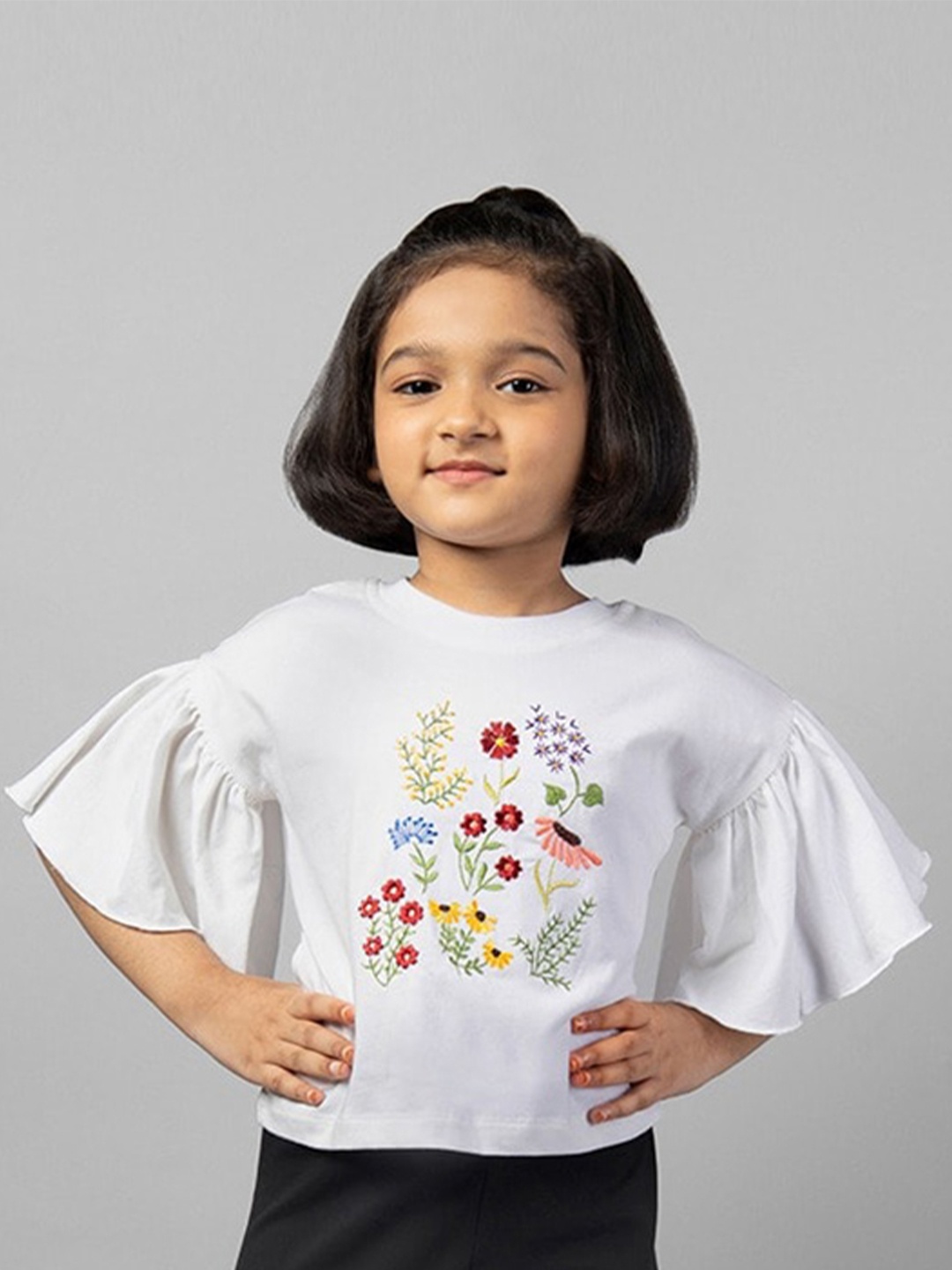 

ZIP ZAP ZOOP Girls Floral Embroidered Bell Sleeves Pure Cotton Top, White