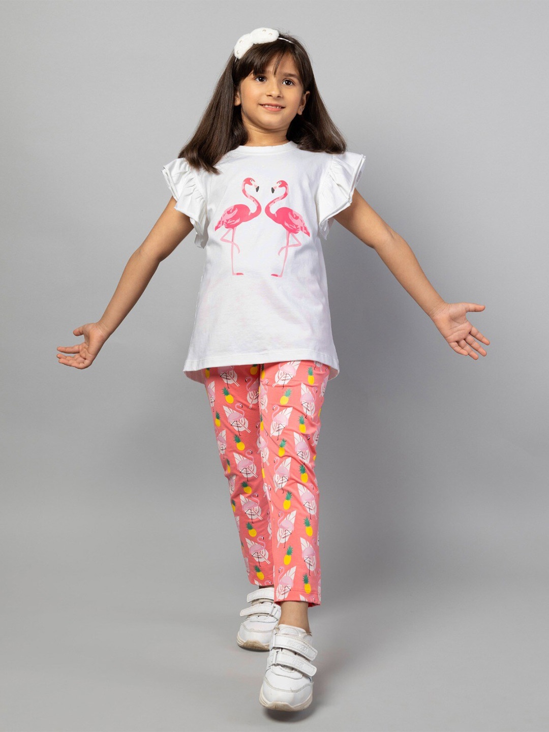 

ZIP ZAP ZOOP Girls Graphic Printed Round Neck Flutter Sleeve Cotton T-Shirt, White
