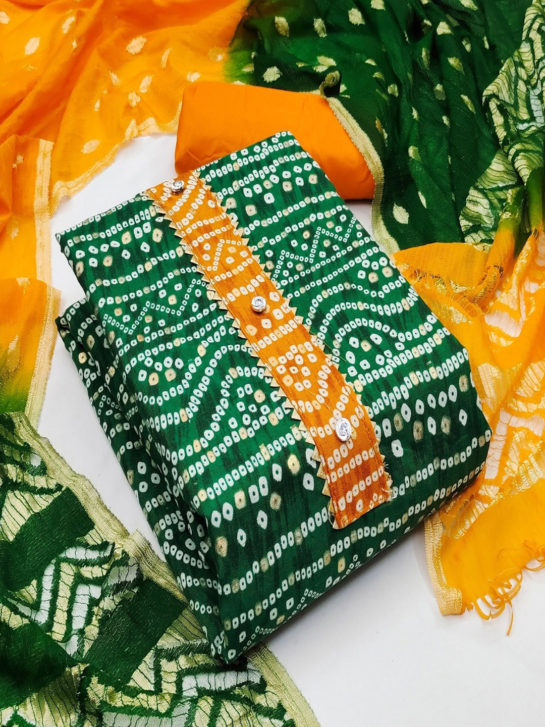 

APNISHA Bandhani Printed Unstitched Dress Material, Green