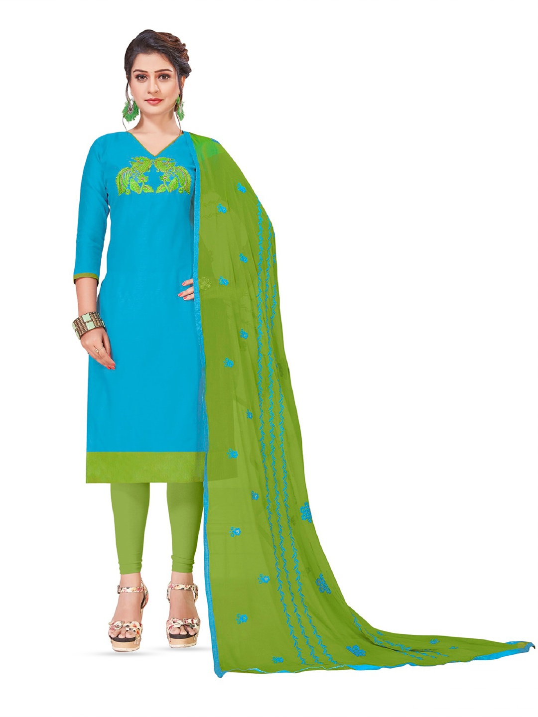 

APNISHA Ethnic Motif Embroidered Unstitched Dress Material, Turquoise blue