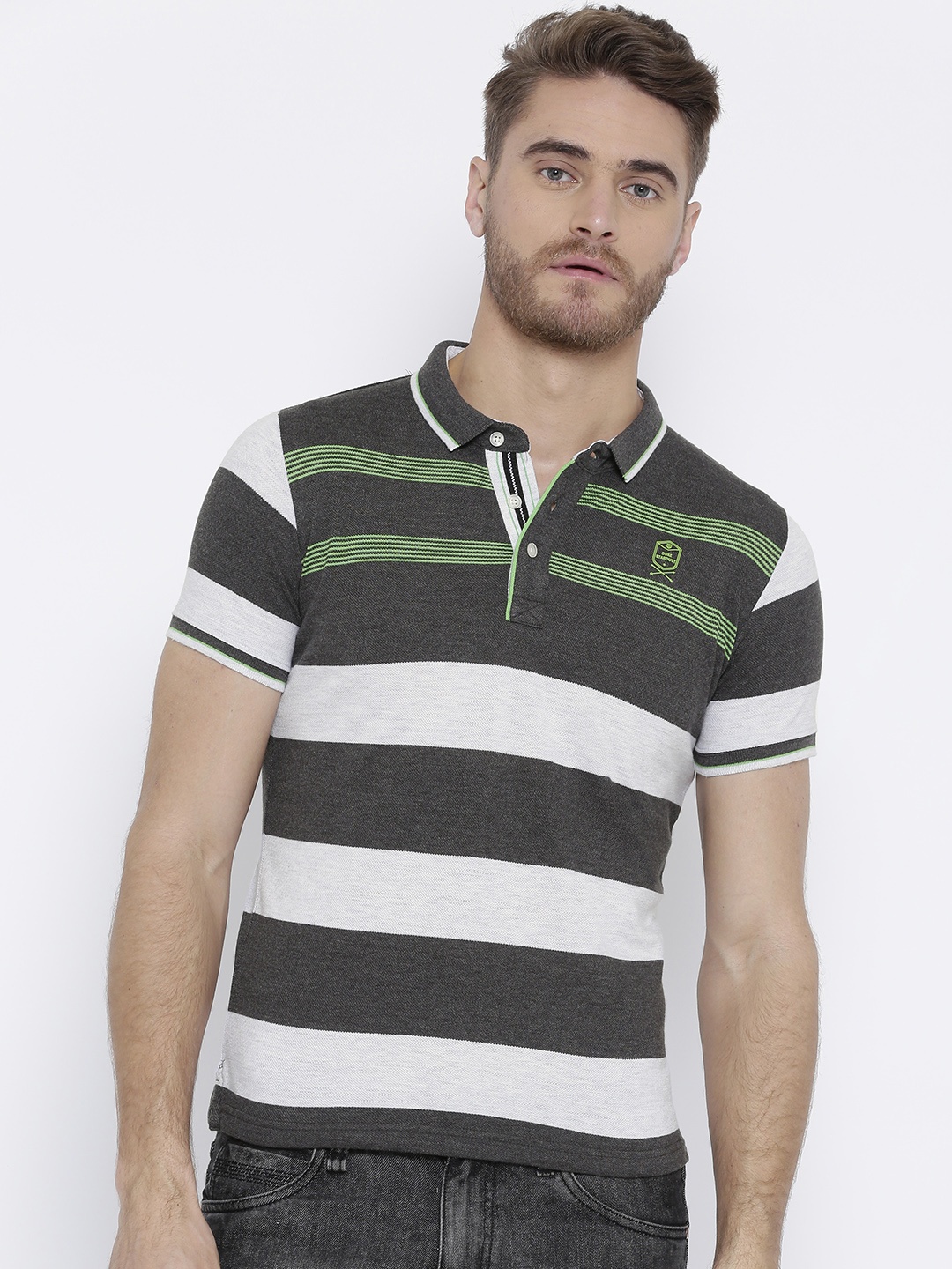 

Duke Men Grey & White Striped Polo Collar T-shirt