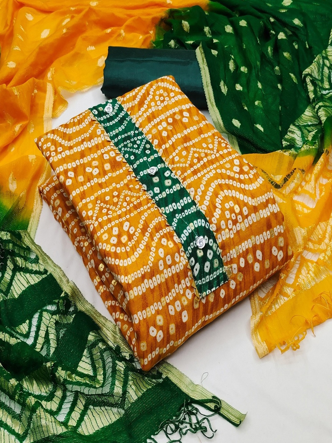 

APNISHA Bandhani Printed Unstitched Dress Material, Mustard
