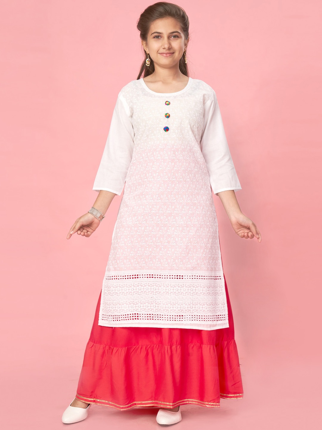 

Aarika Girls Ethnic Motifs Embroidered Pure Cotton Straight Kurta With Skirt, White