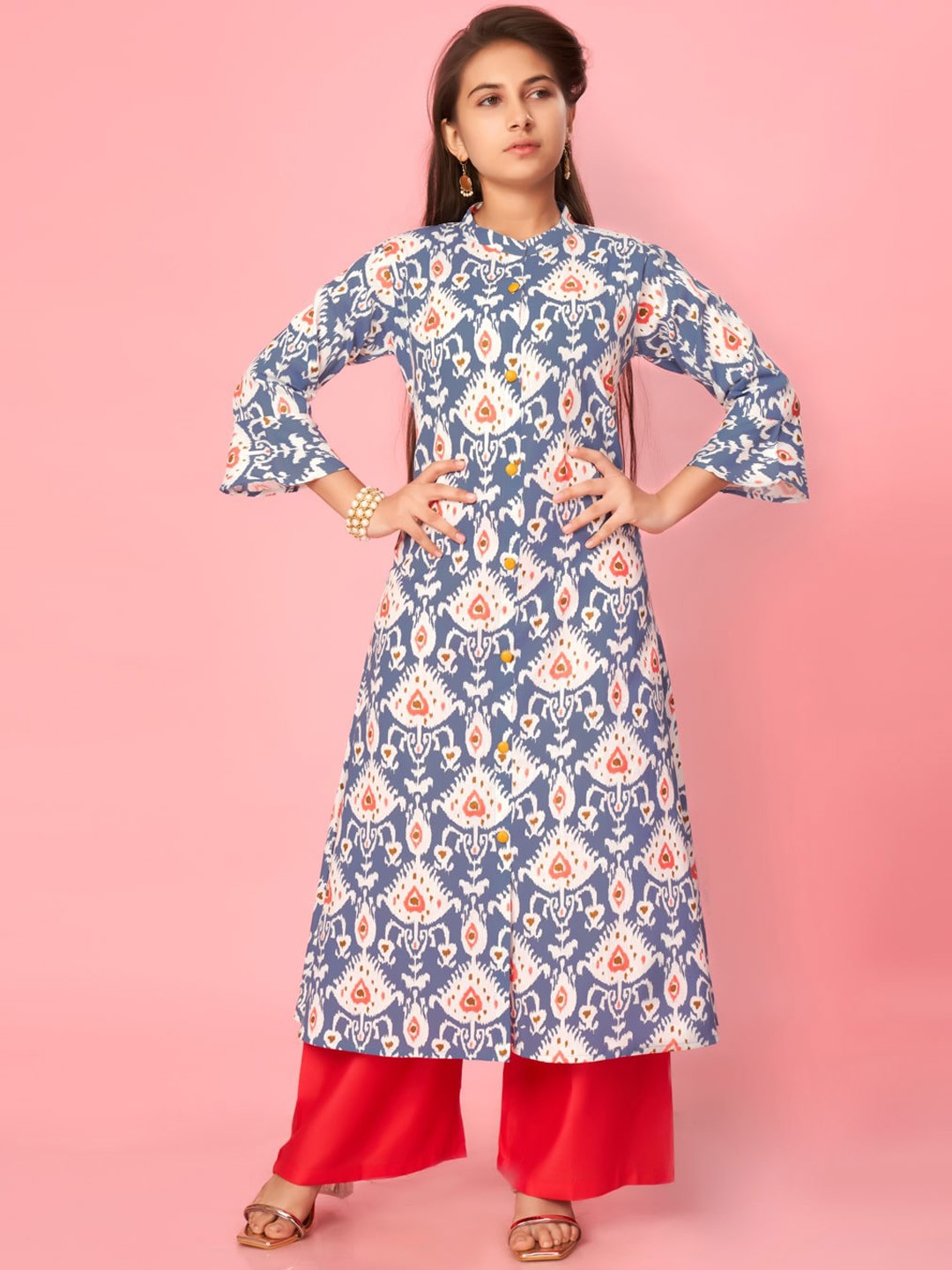

Aarika Girls Ethnic Motifs Printed Regular Pure Cotton Kurta With Palazzos, Blue