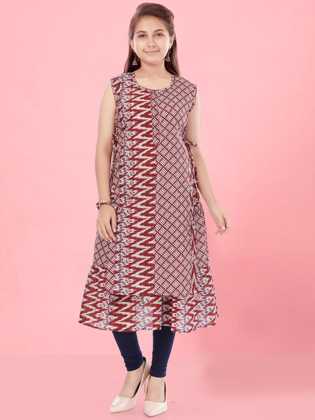 

Aarika Girls Ethnic Motifs Printed Pure Cotton A-Line Kurta With Leggings, Maroon