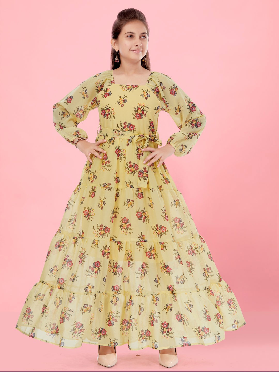 

Aarika Floral Printed Puff Sleeve Tiered Tie-Ups Georgette Maxi Dress, Yellow