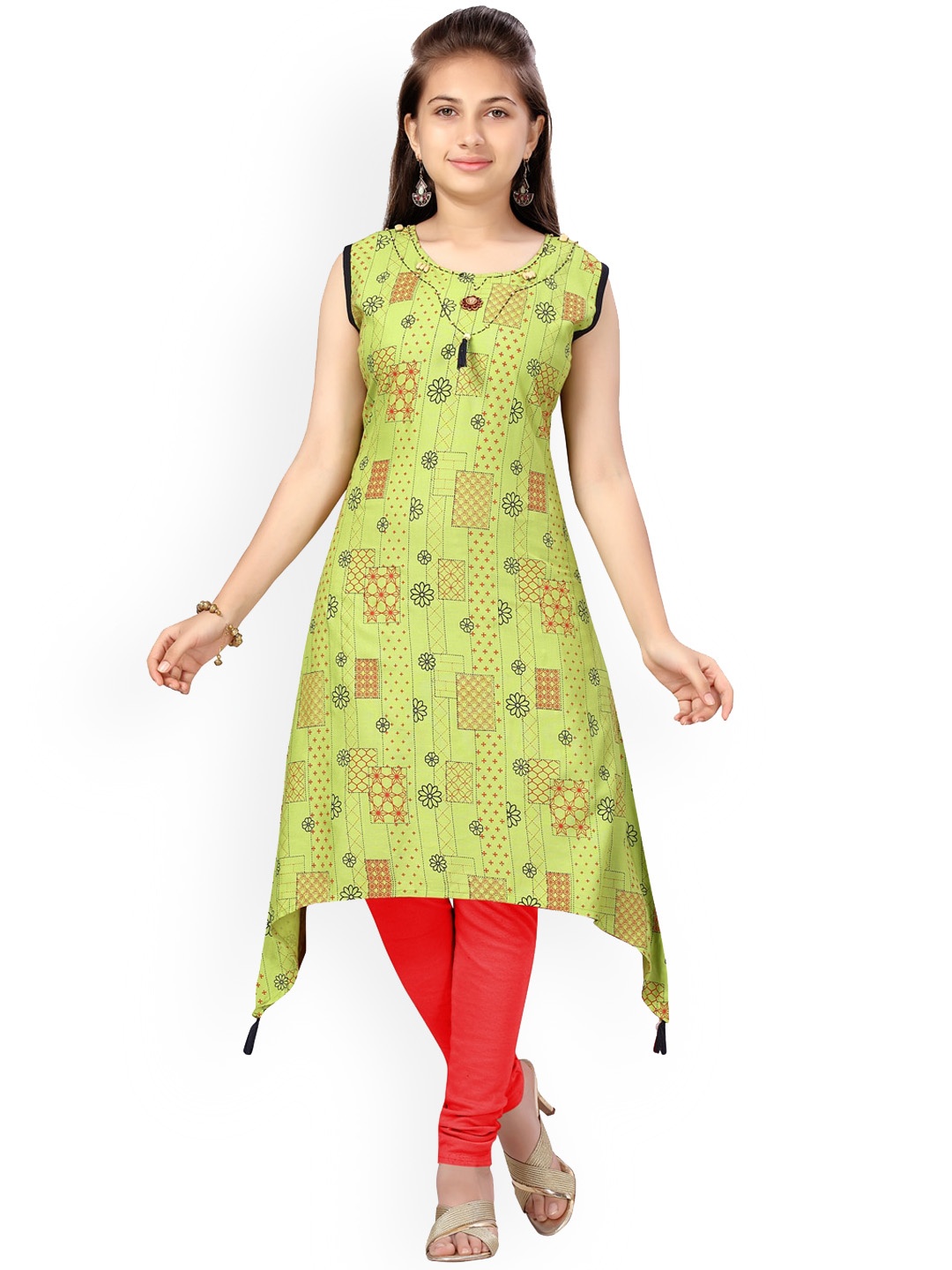 

Aarika Girls Ethnic Motifs Printed Beaded Pure Cotton Kurta With Leggings, Green