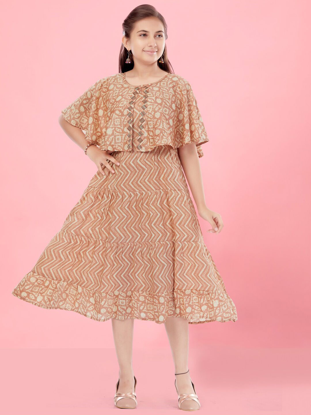 

Aarika Girls Abstract Printed Flared Sleeve Gathered Tiered Cotton Fit & Flare Midi Dress, Peach