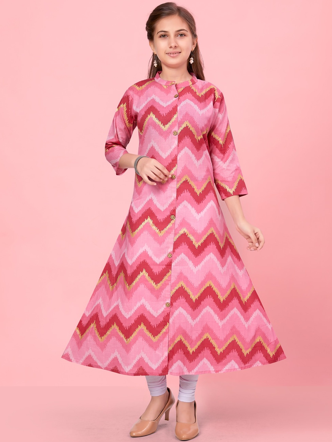 

Aarika Girls Chevron Printed Mandarin Collar Pure Cotton A-Line Kurta With Leggings, Pink