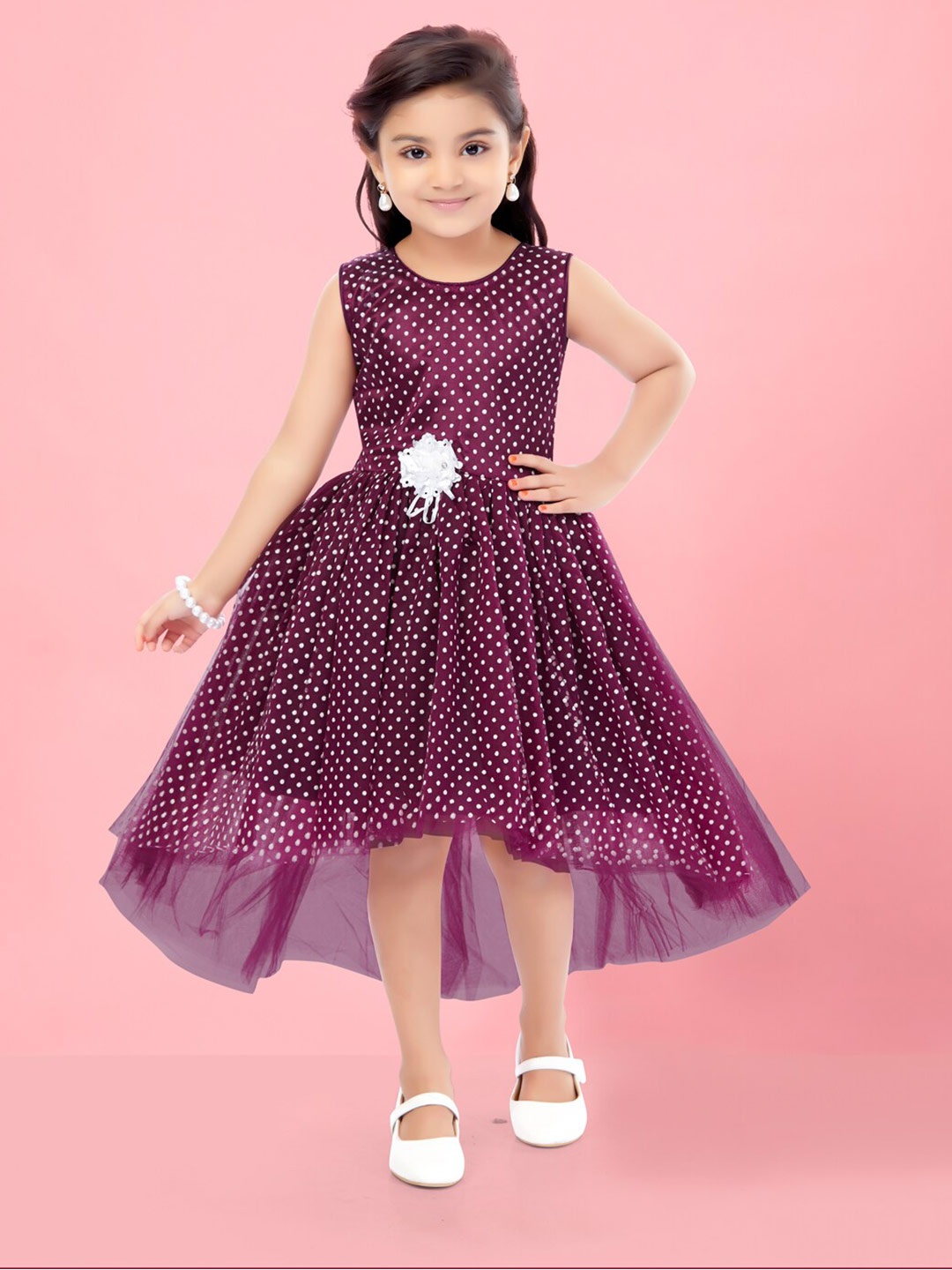 

Aarika Girls Polka Dot Printed Gathered Detailed High-Low Net Fit & Flare Midi Dress, Purple