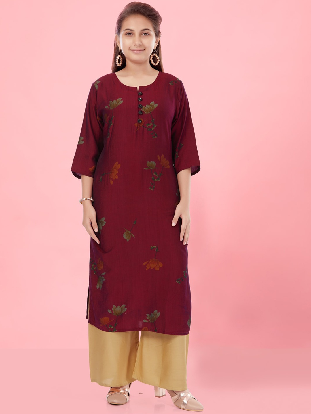 

Aarika Girls Floral Printed Pure Cotton Straight Kurta With Palazzos, Maroon