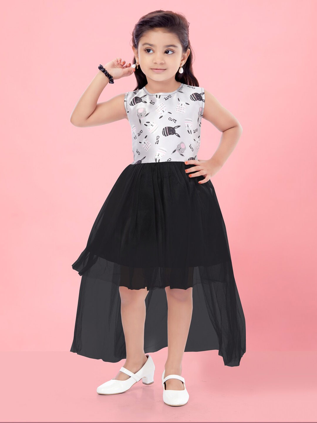 

Aarika Girls Graphic Printed Gathered Fit & Flare Dress, Black