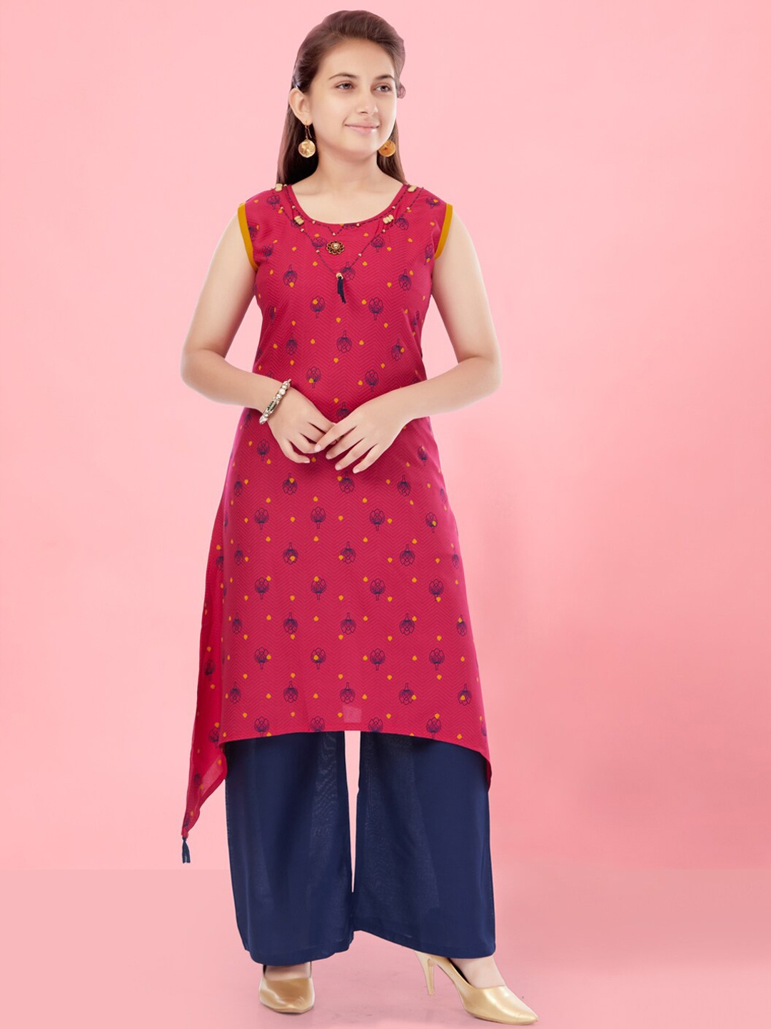 Aarika Girls Ethnic Motifs Printed Cotton Straight Kurta, Pink