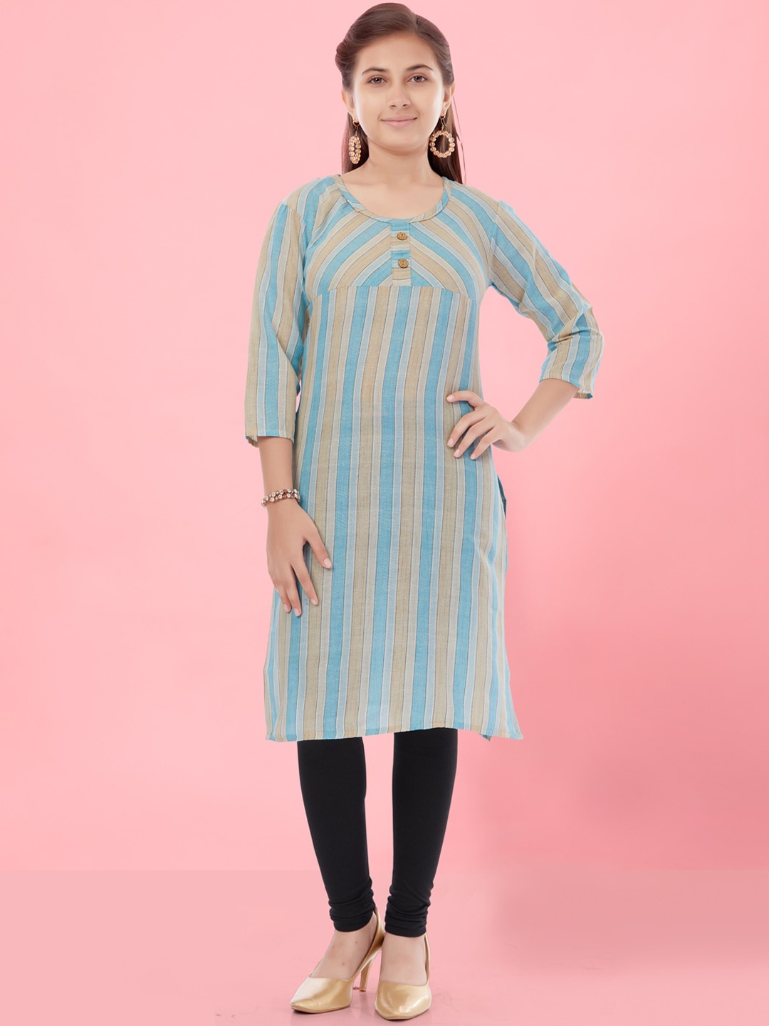 

Aarika Girls Striped Regular Pure Cotton Kurta With Leggings, Turquoise blue